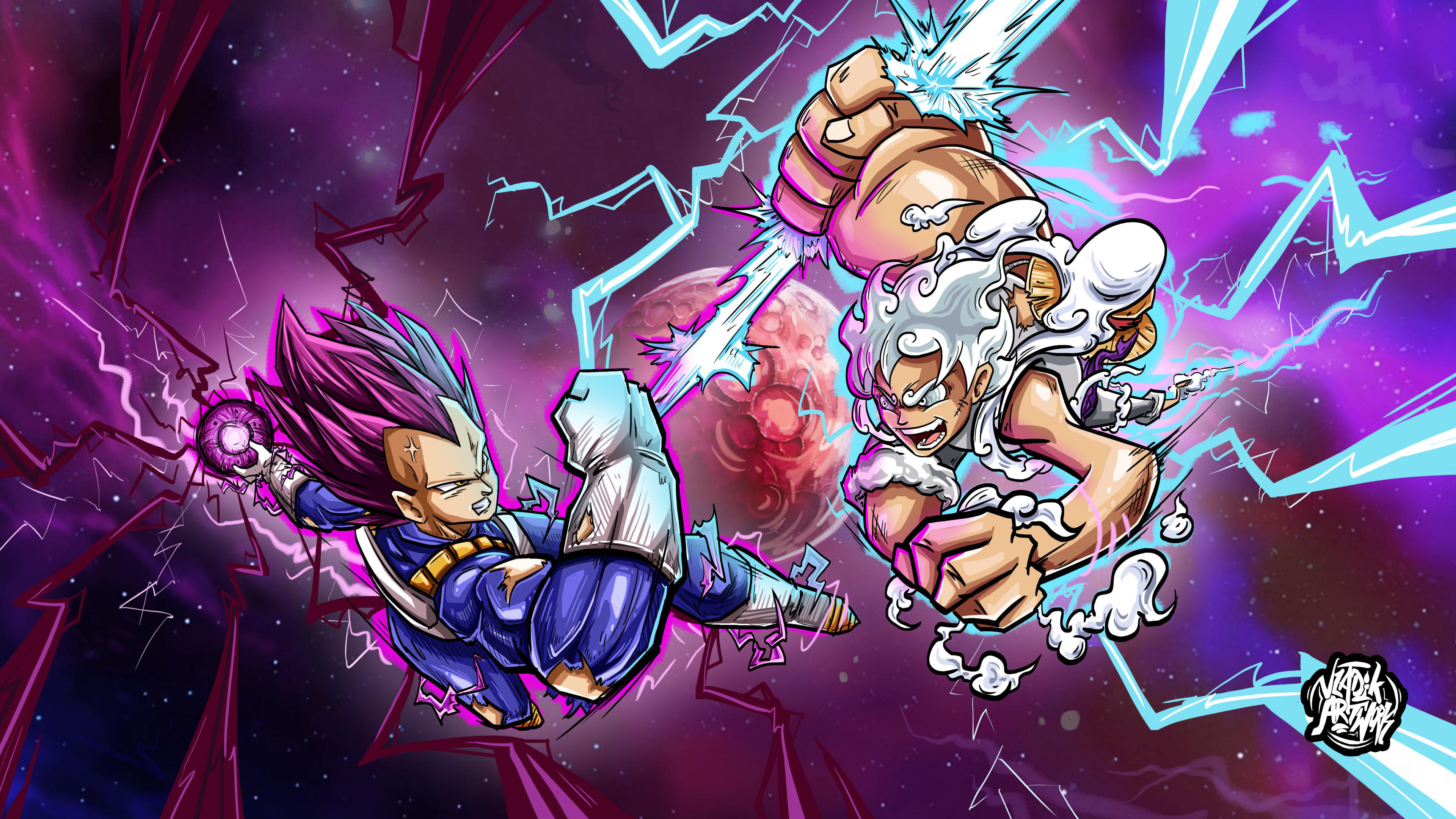 Monkey D. Luffy in Gear 5 Sun God Nika form and Vegeta from Dragon Ball facing each other in a cinematic battle.