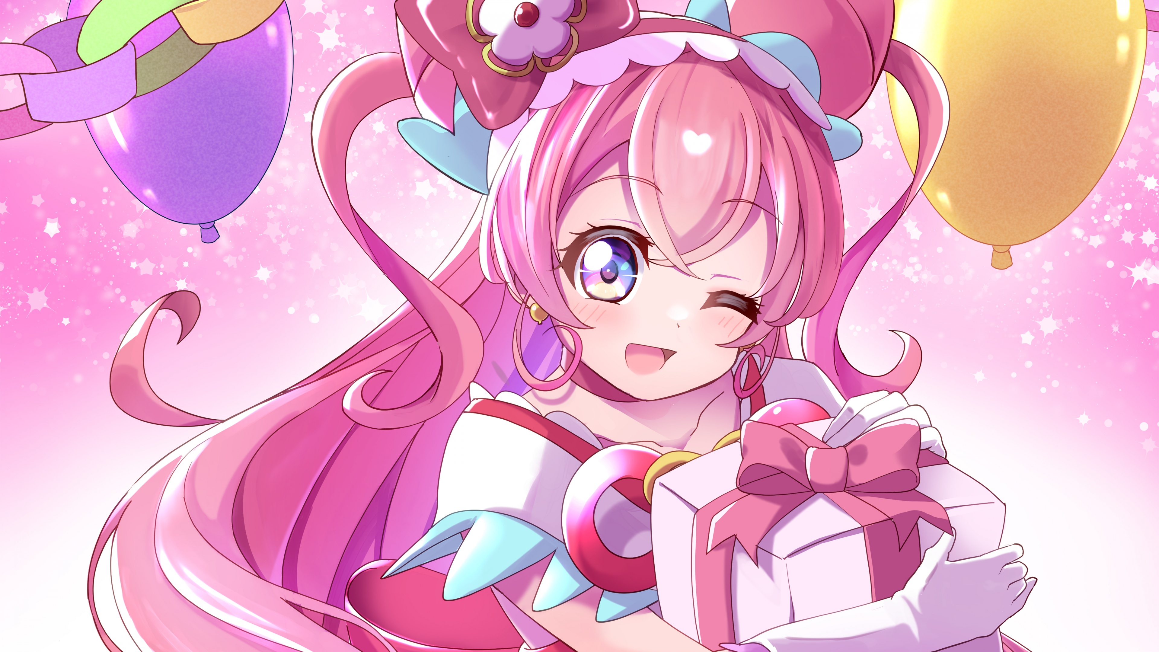 A high-resolution anime girl with a soft expression against a solid pink background.