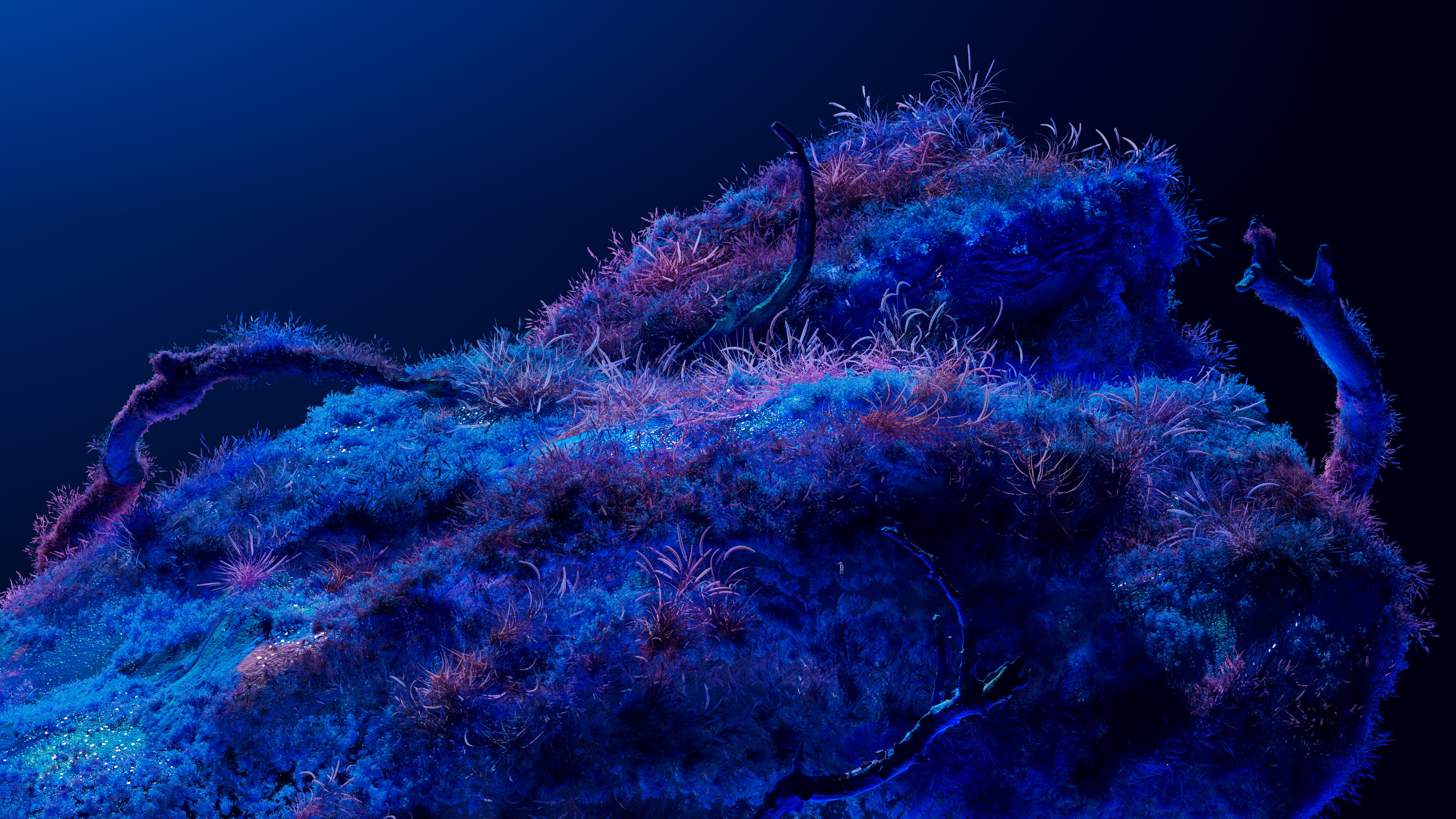 A dreamy cosmic landscape featuring deep blue hues, neon-lit bioluminescent structures, and glowing celestial nebula effects.