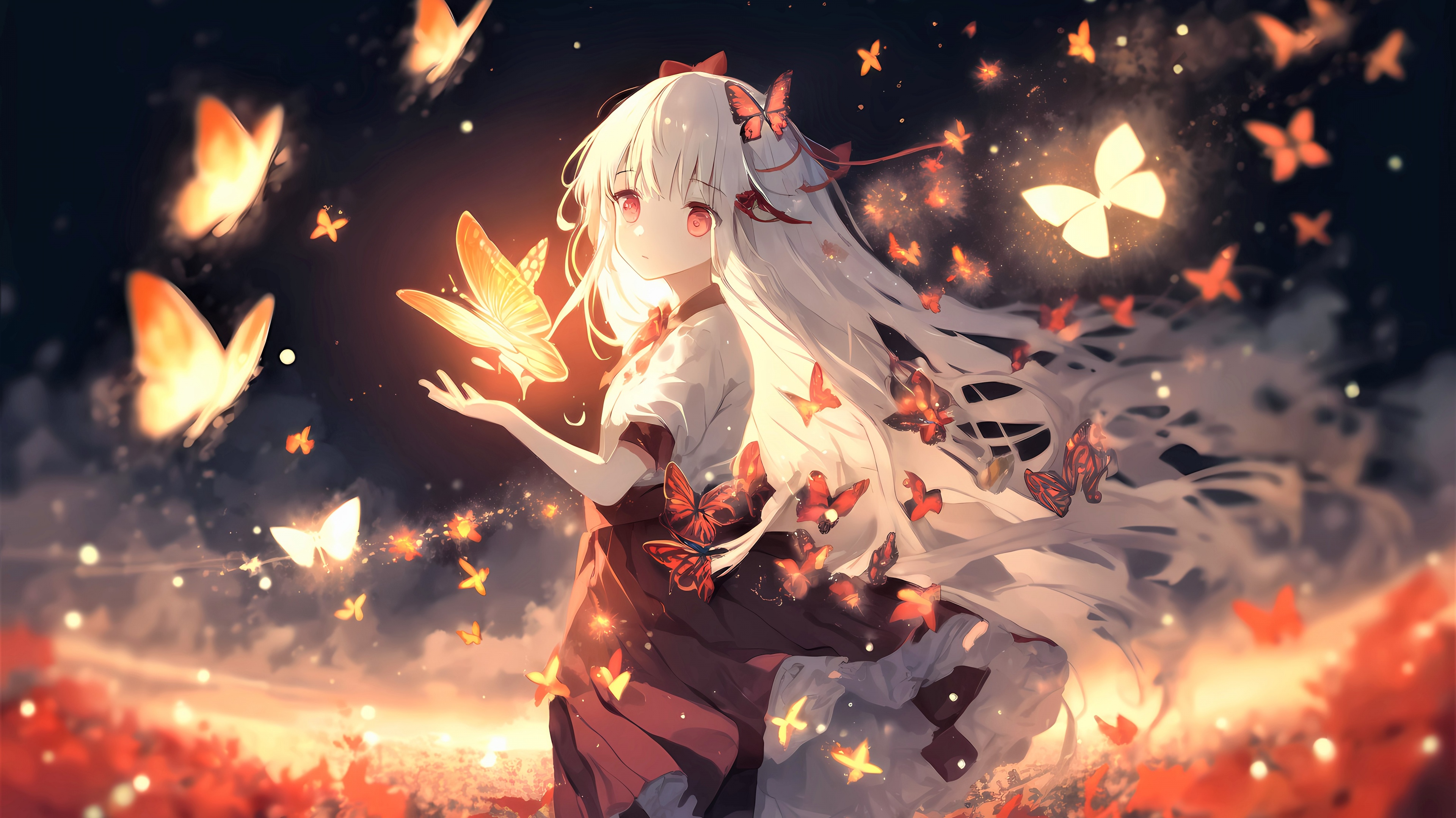 A surreal anime girl surrounded by a kaleidoscope of colorful butterflies in a dreamlike, ethereal setting.