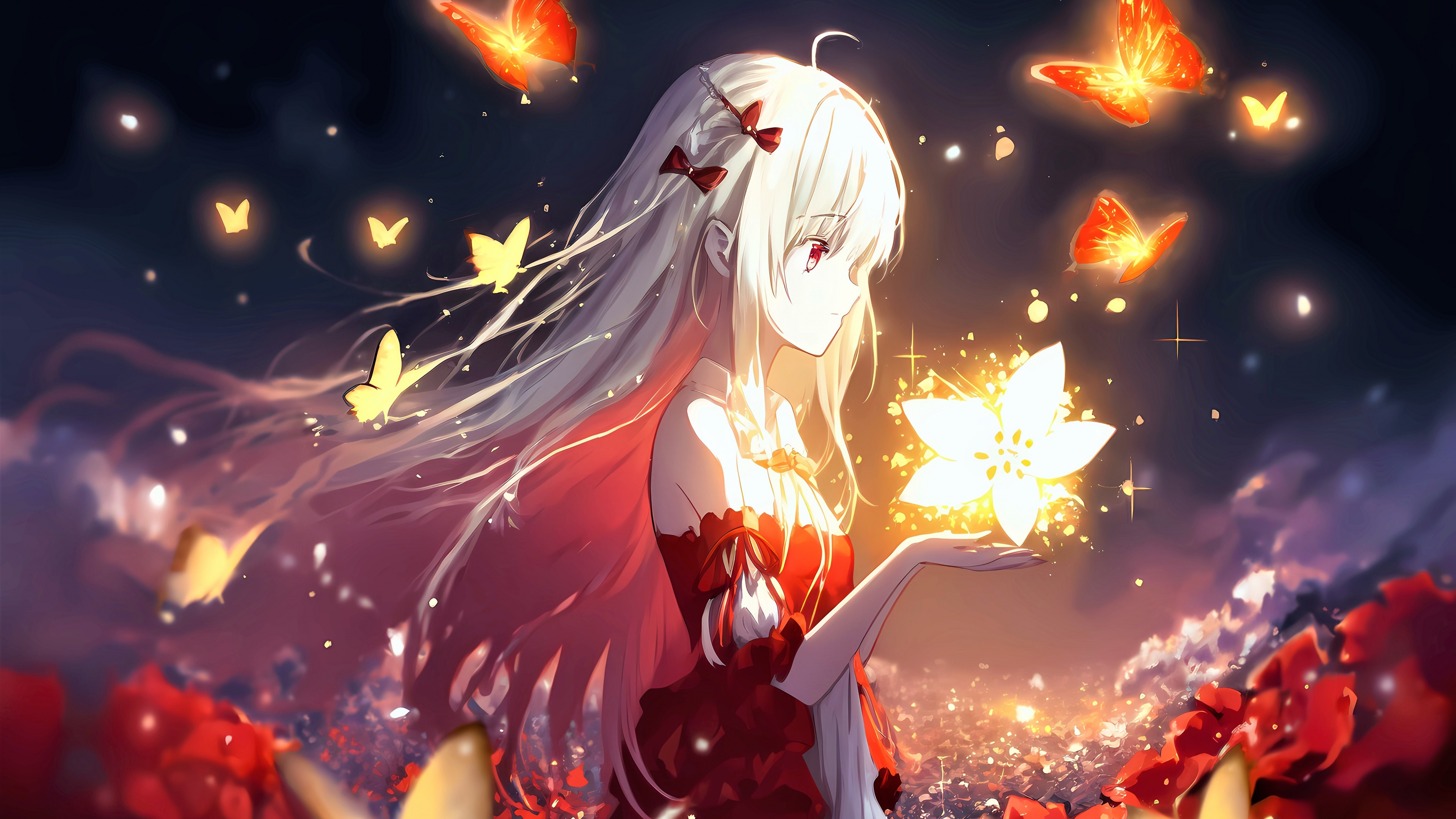 A beautiful anime girl surrounded by a swirling cloud of colorful butterflies in a surreal, dreamlike environment.