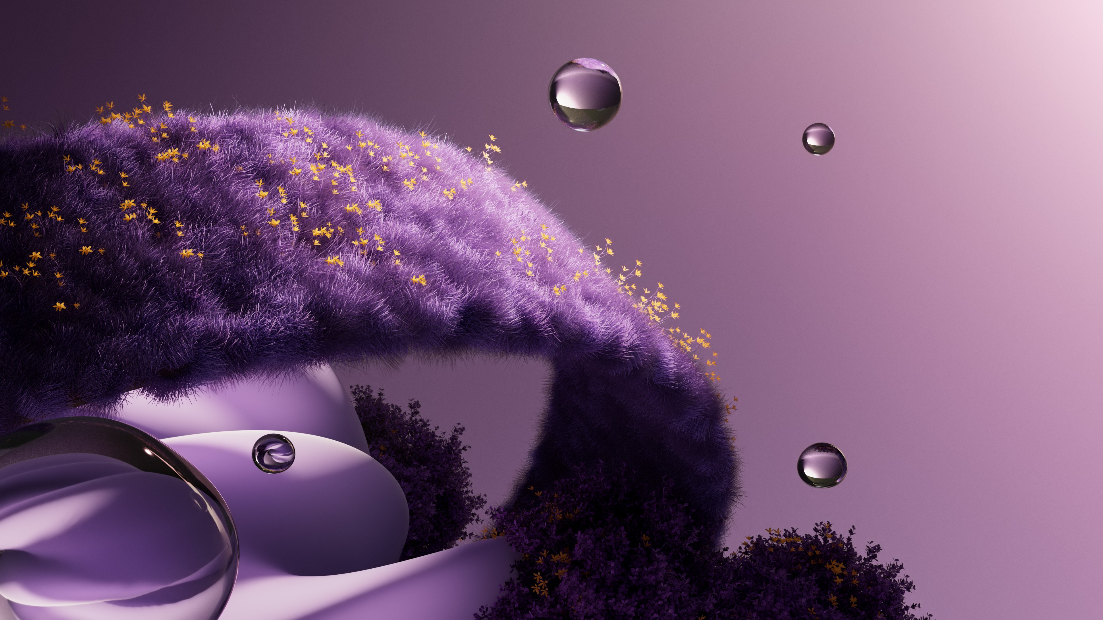 A surreal purple-toned landscape featuring floating botanical elements and glistening water droplets on blades of grass.