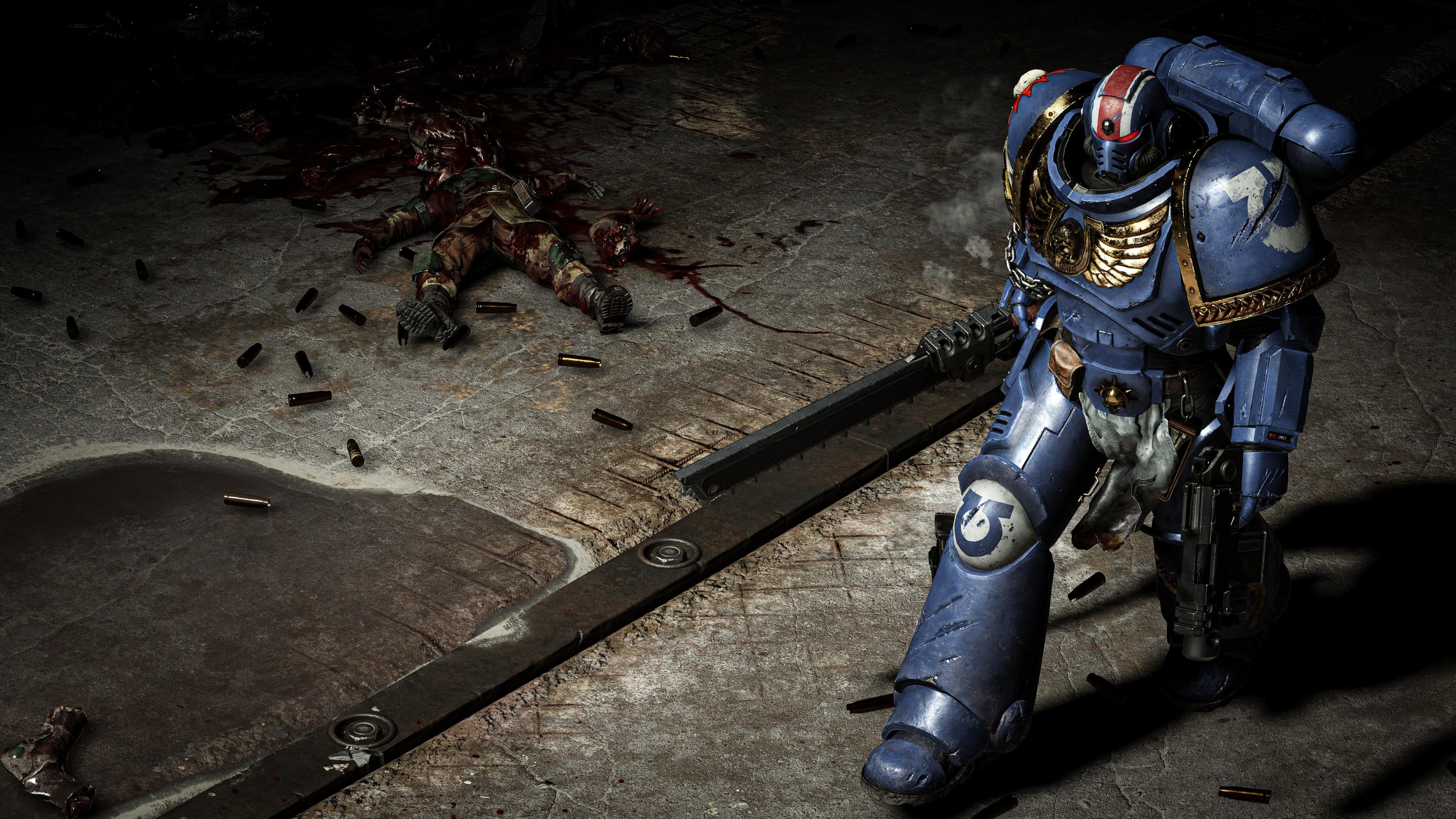 A fierce Space Marine in heavy combat power armor from the game Warhammer 40,000: Space Marine 2.