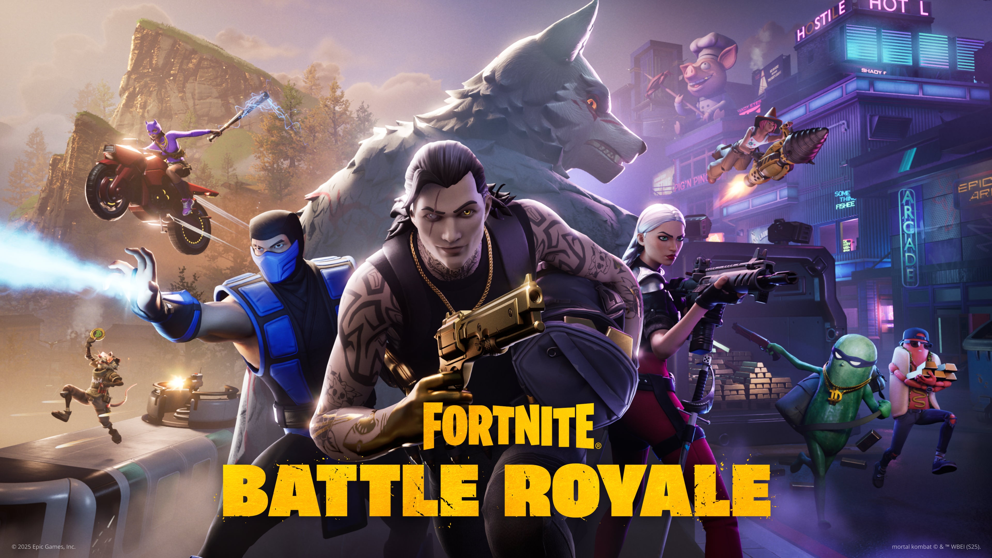 A dynamic game poster for Fortnite Battle Royale 2025 showcasing a stylized warrior in a combat-ready pose amidst an action-packed environment.