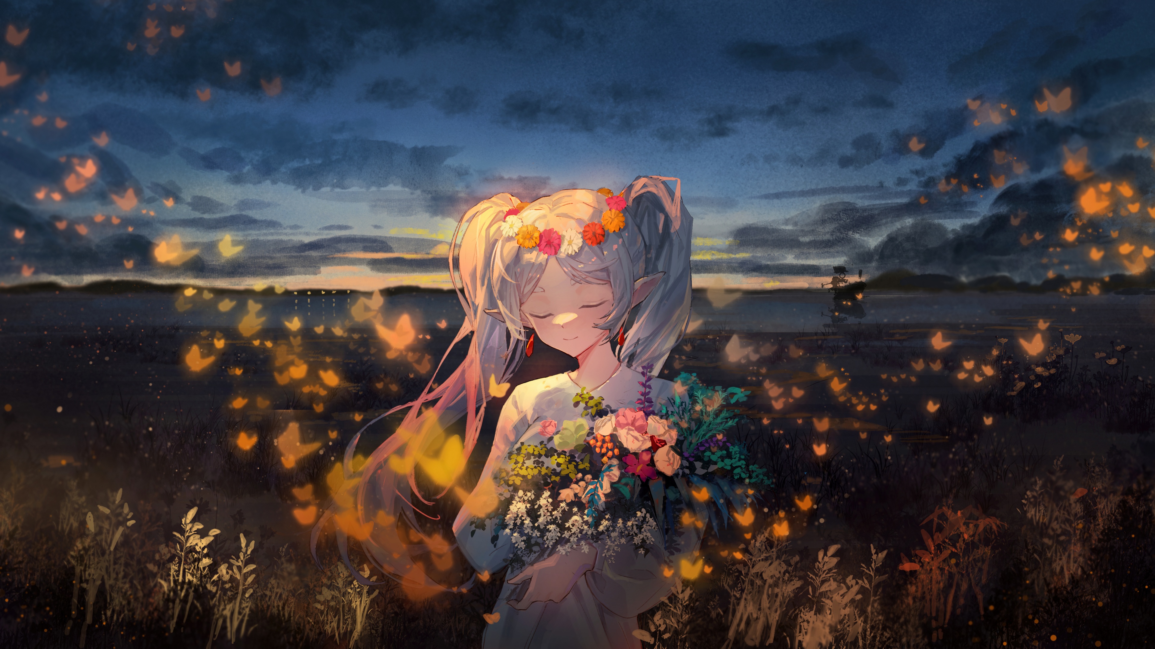 A surreal, high-detail depiction of the character Frieren from Frieren: Beyond Journey's End surrounded by a vibrant and mystical flower bouquet.