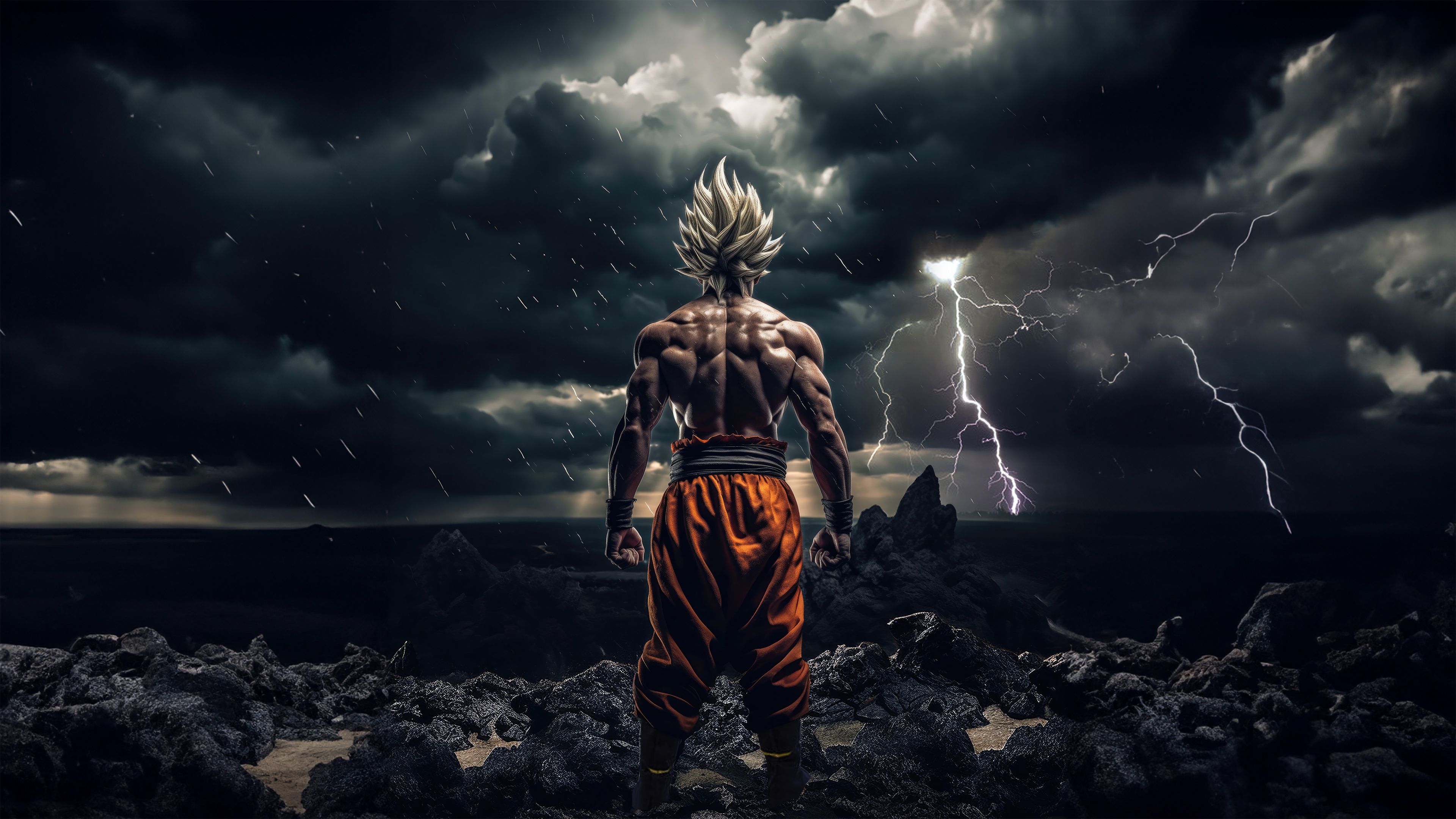 Goku from Dragon Ball in Super Saiyan form during a powerful lightning storm