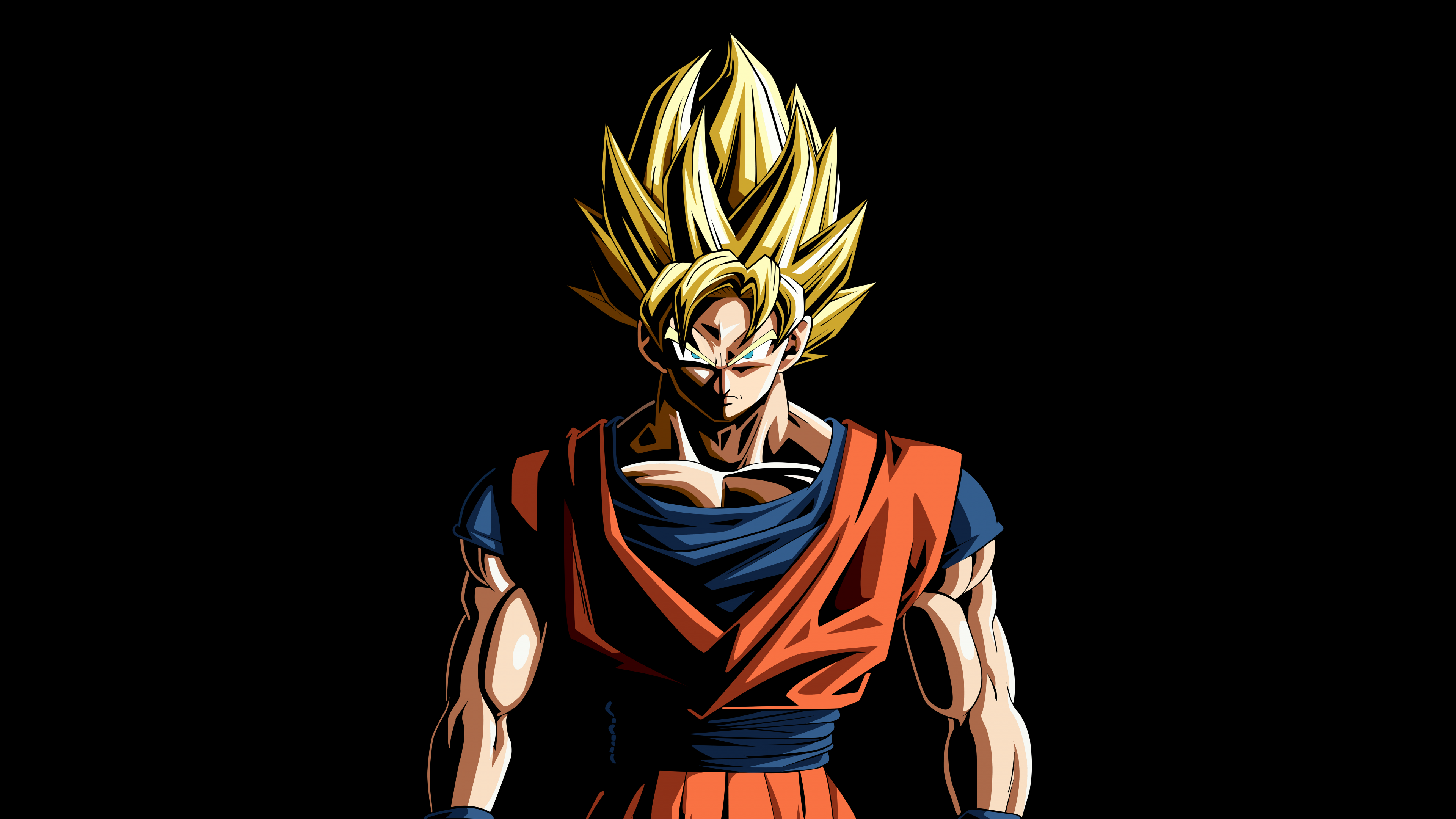Super Saiyan Goku from Dragon Ball Z with glowing golden hair and intense aura on a black background