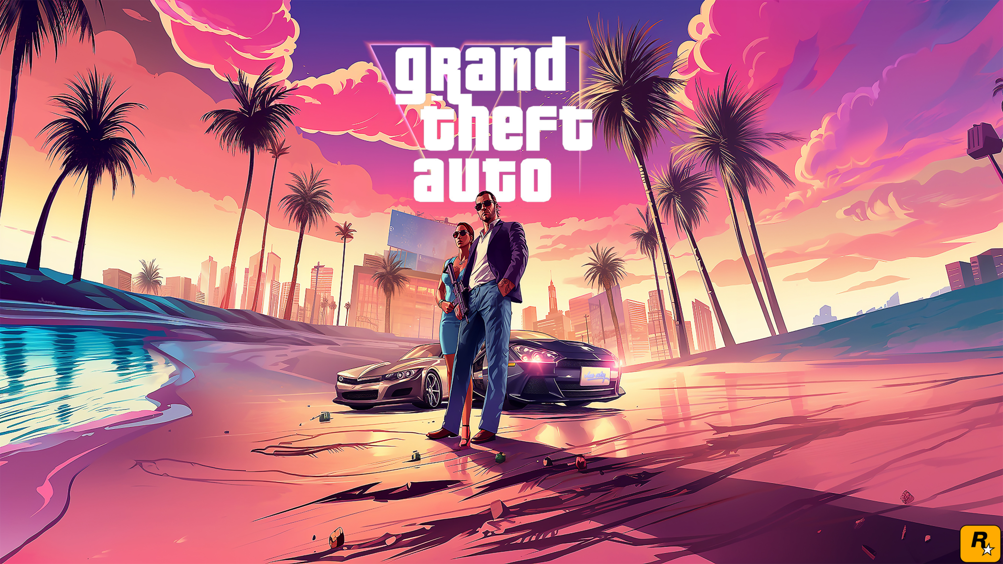 A cinematic digital painting of a character in the Grand Theft Auto VI art style, featuring bright neon lights and an urban tropical setting.