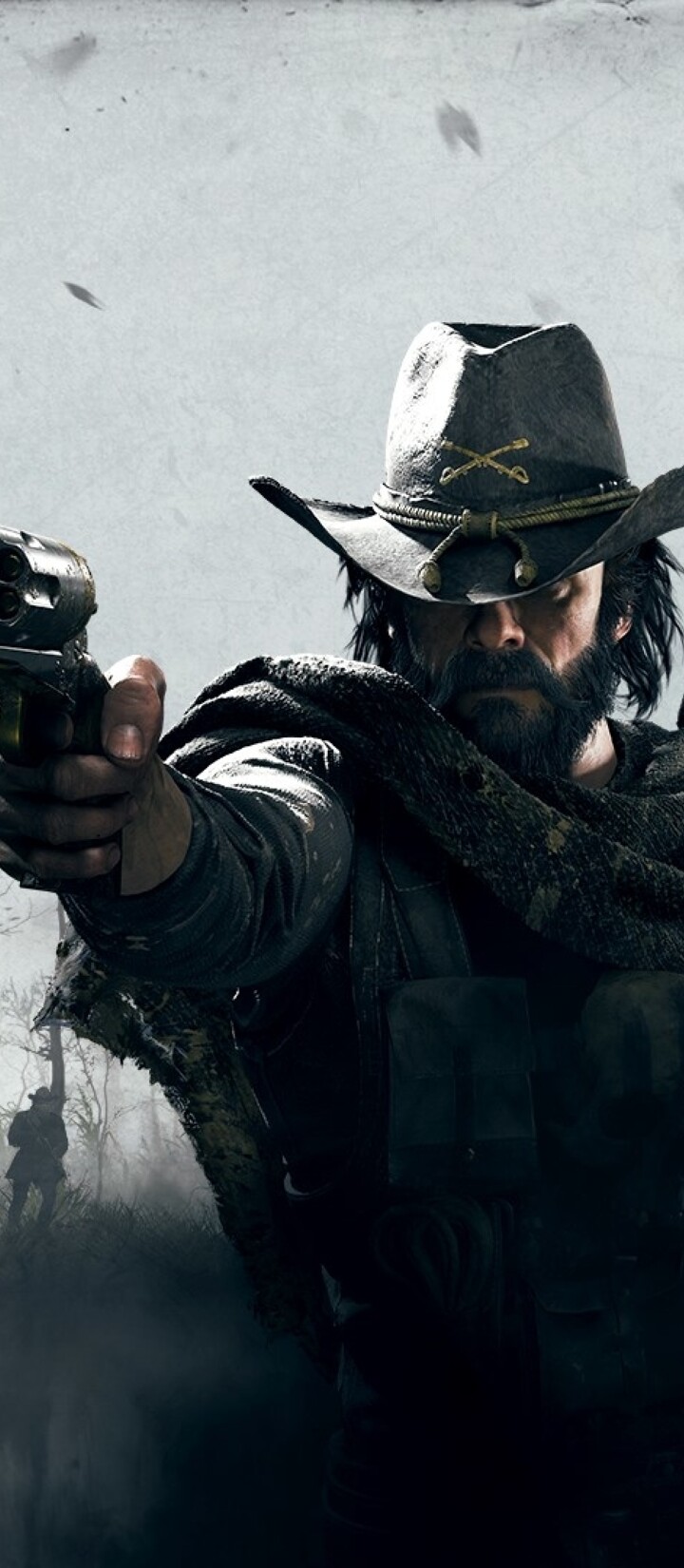 A gritty bounty hunter in period-accurate clothing holding a weapon in a dark, misty swamp, inspired by Hunt: Showdown.