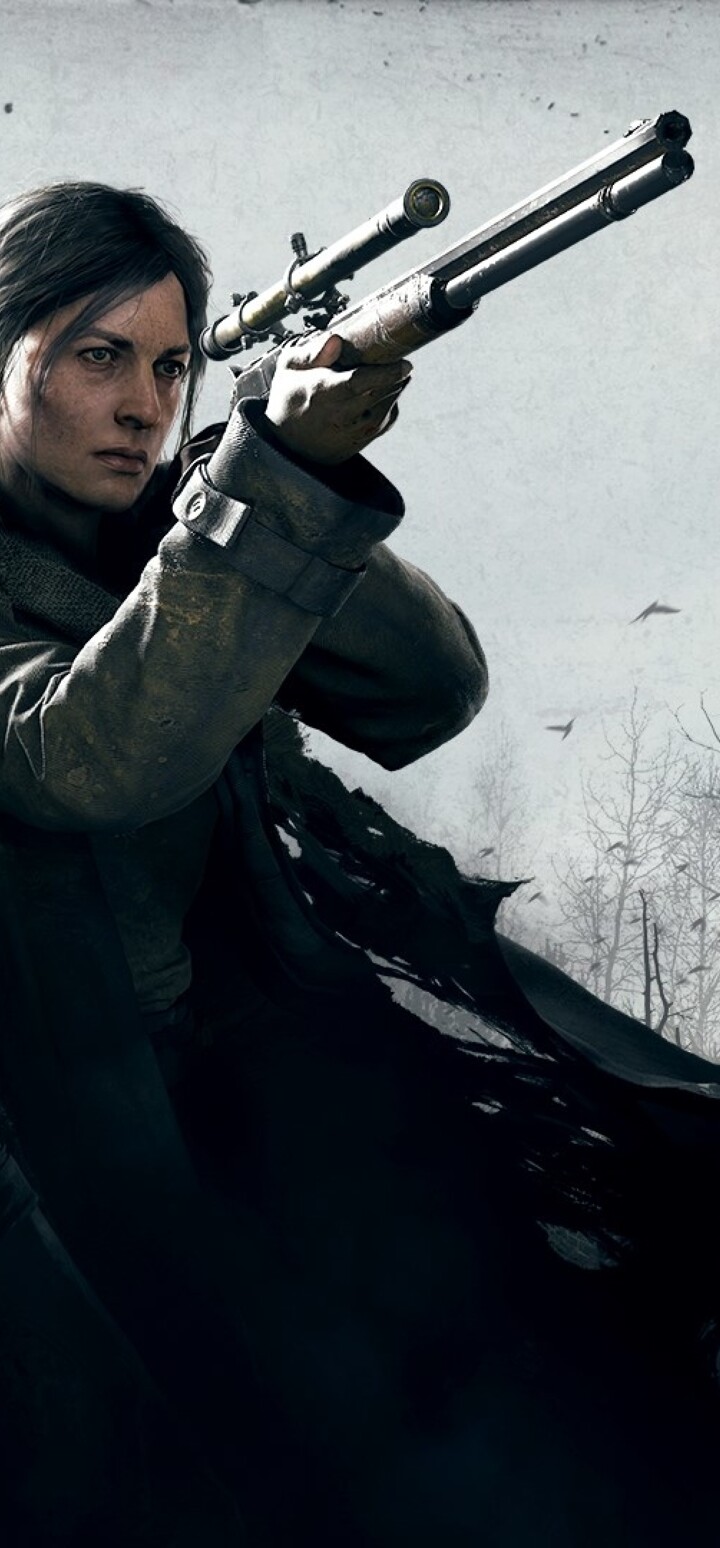 A rugged Hunter from the game Hunt: Showdown standing in a dark, misty swamp environment.