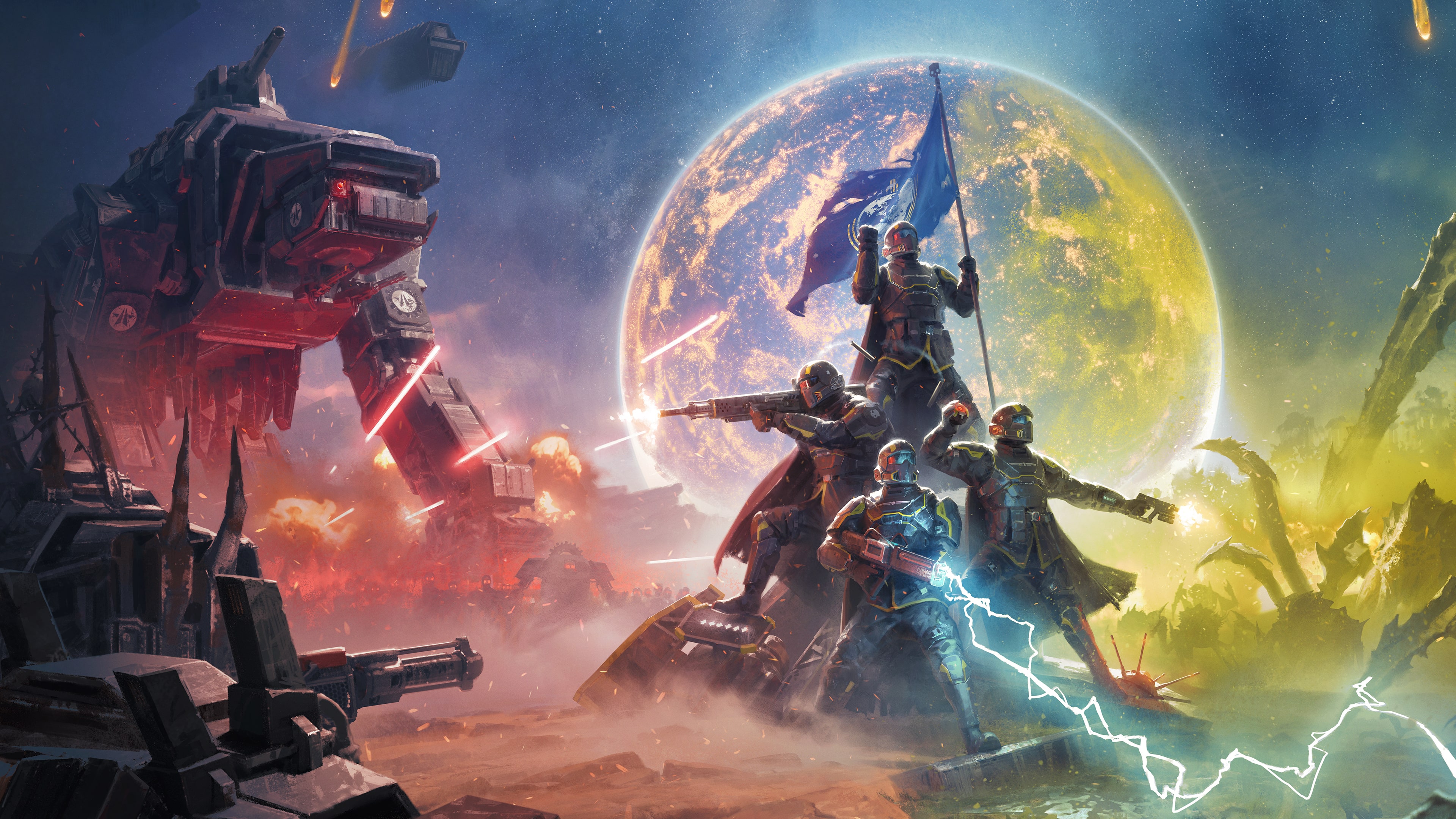 A cinematic shot of a Helldiver from the game Helldivers 2 wearing signature armor in a war-torn, atmospheric environment.
