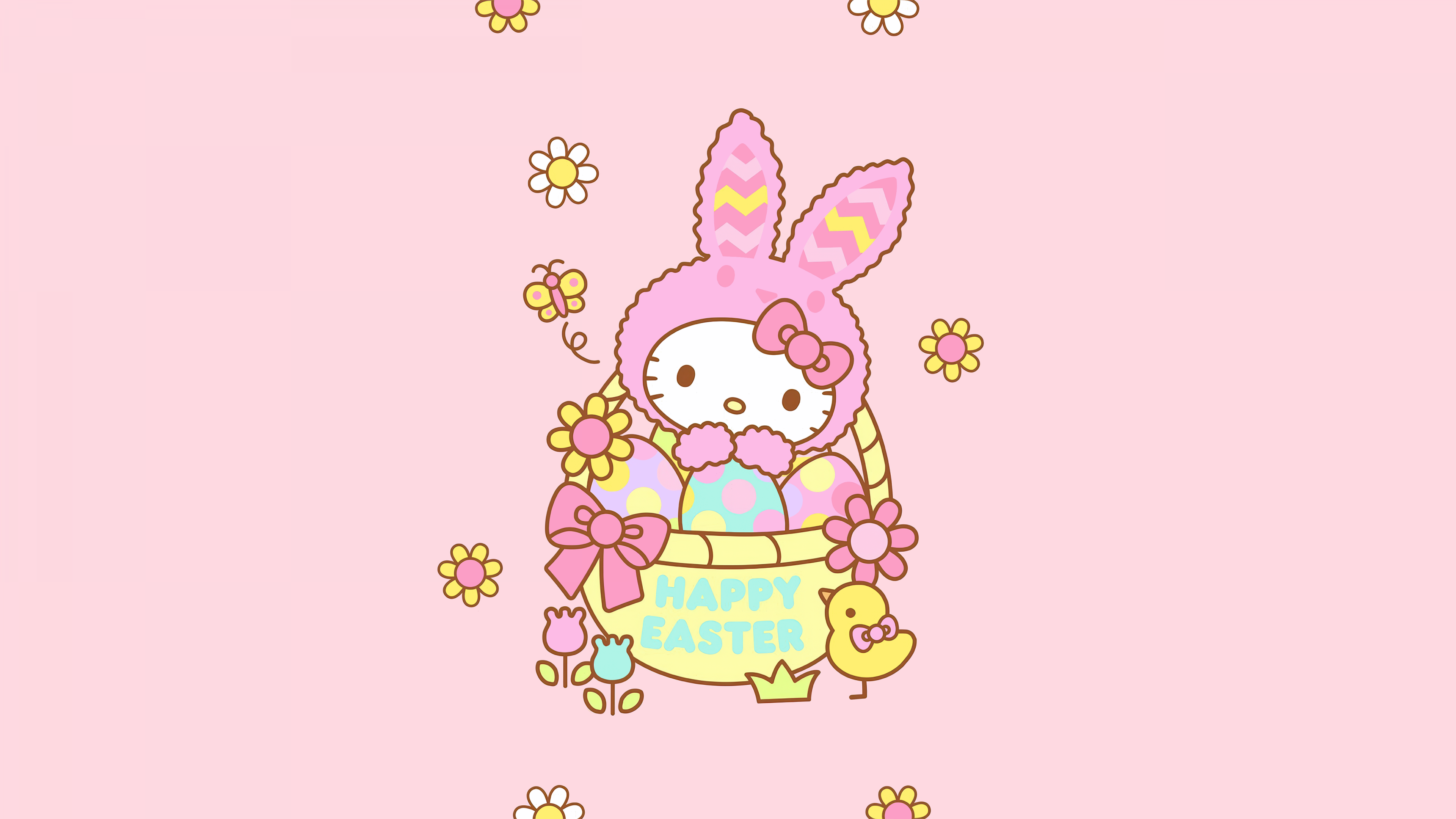 Hello Kitty character from Sanrio dressed as an Easter bunny on a pink background.