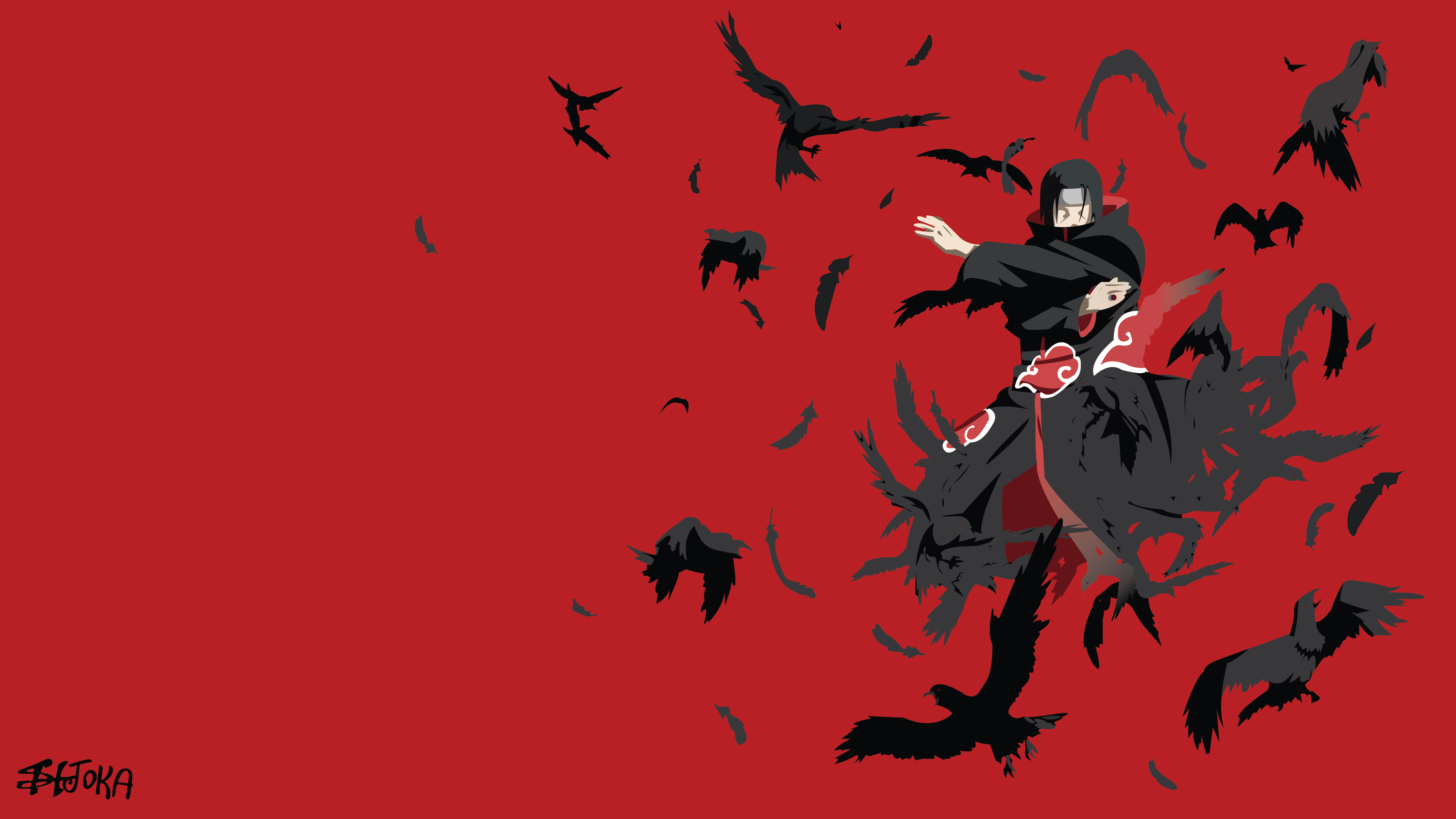 Itachi Uchiha from Naruto set against a vibrant red background