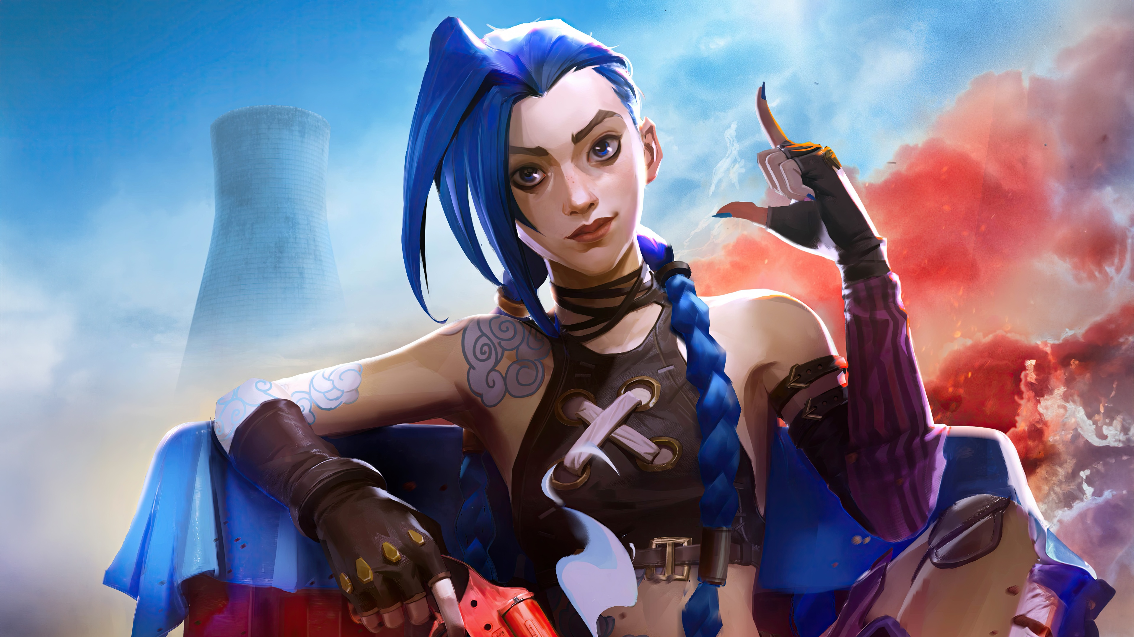 A high-detail 8K cinematic render of Jinx from Arcane: League of Legends in a PUBG MOBILE battle royale setting.