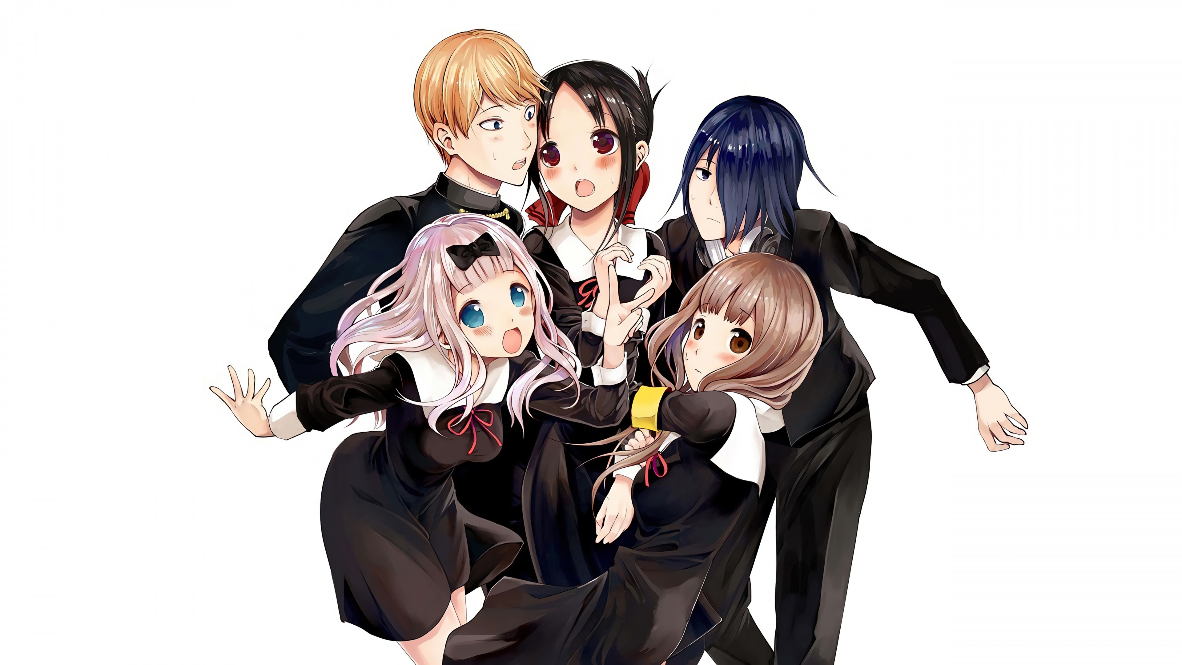 Characters Kaguya Shinomiya, Miyuki Shirogane, Chika Fujiwara, and Yuu Ishigami from Kaguya-sama: Love is War on a white background.