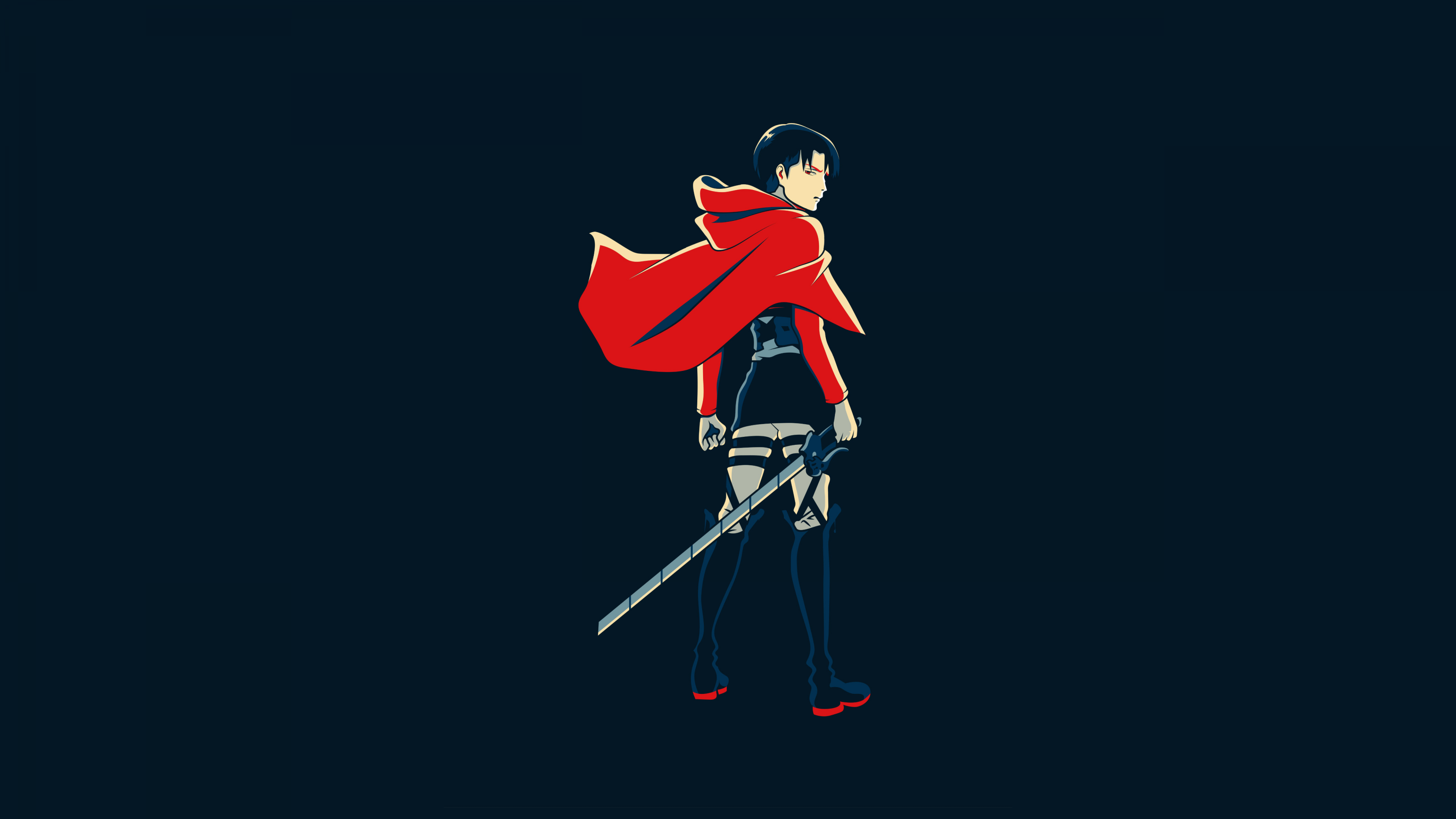 Minimalist 5K portrait of Levi Ackerman from Attack on Titan on a solid black background.