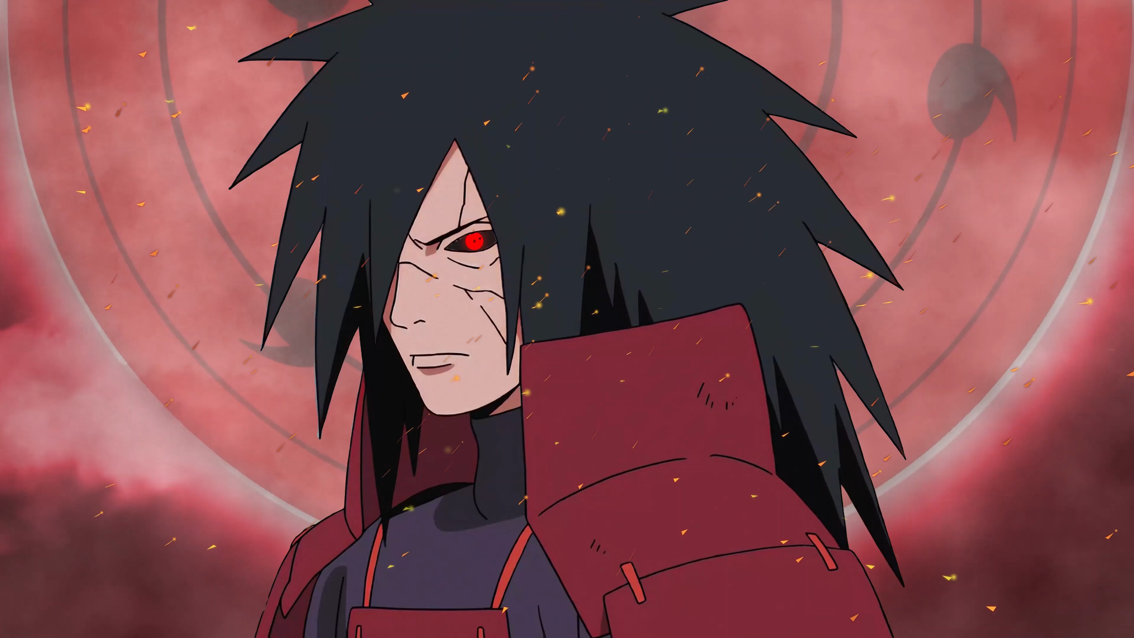 Close-up of Madara Uchiha from Naruto featuring his glowing Sharingan eyes against a vibrant red background