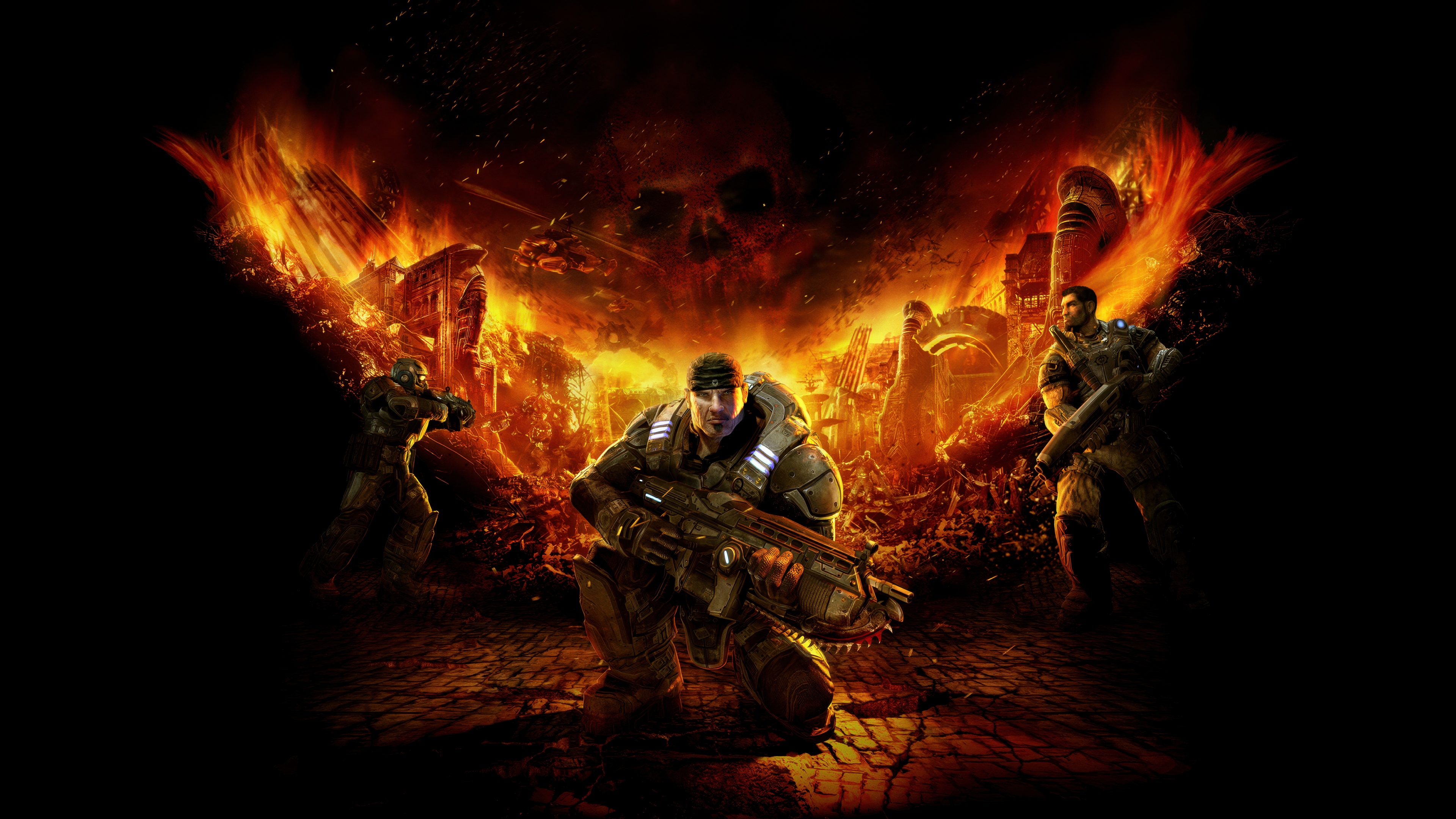 Marcus Fenix from Gears of War standing amidst intense flames and dark shadows in detailed game art style.