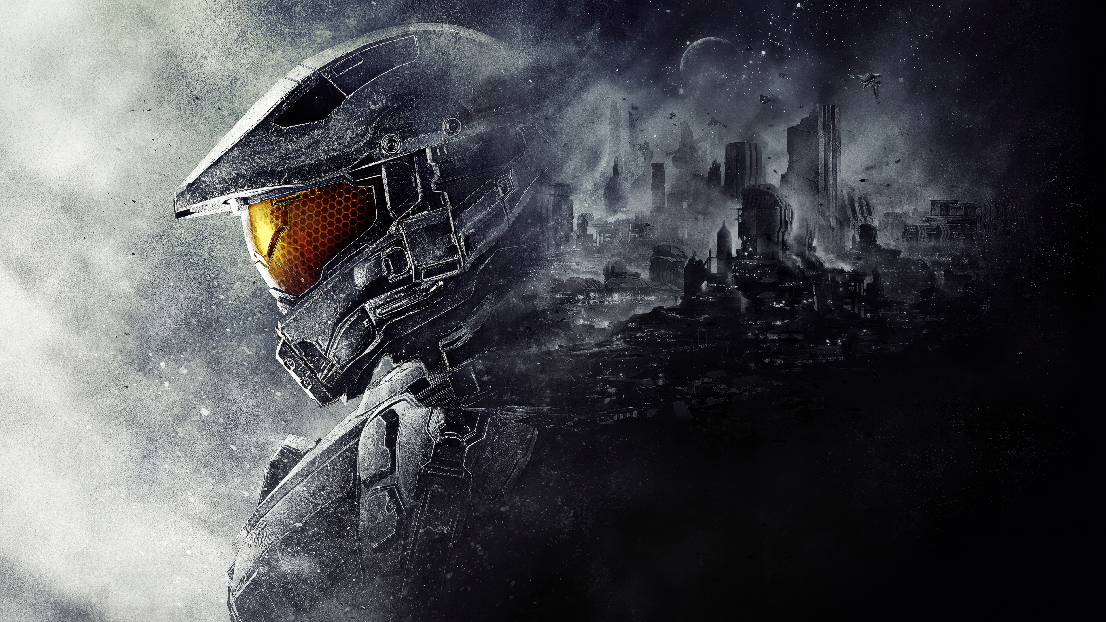Master Chief from Halo 5: Guardians in detailed Spartan armor, cinematic poster art.