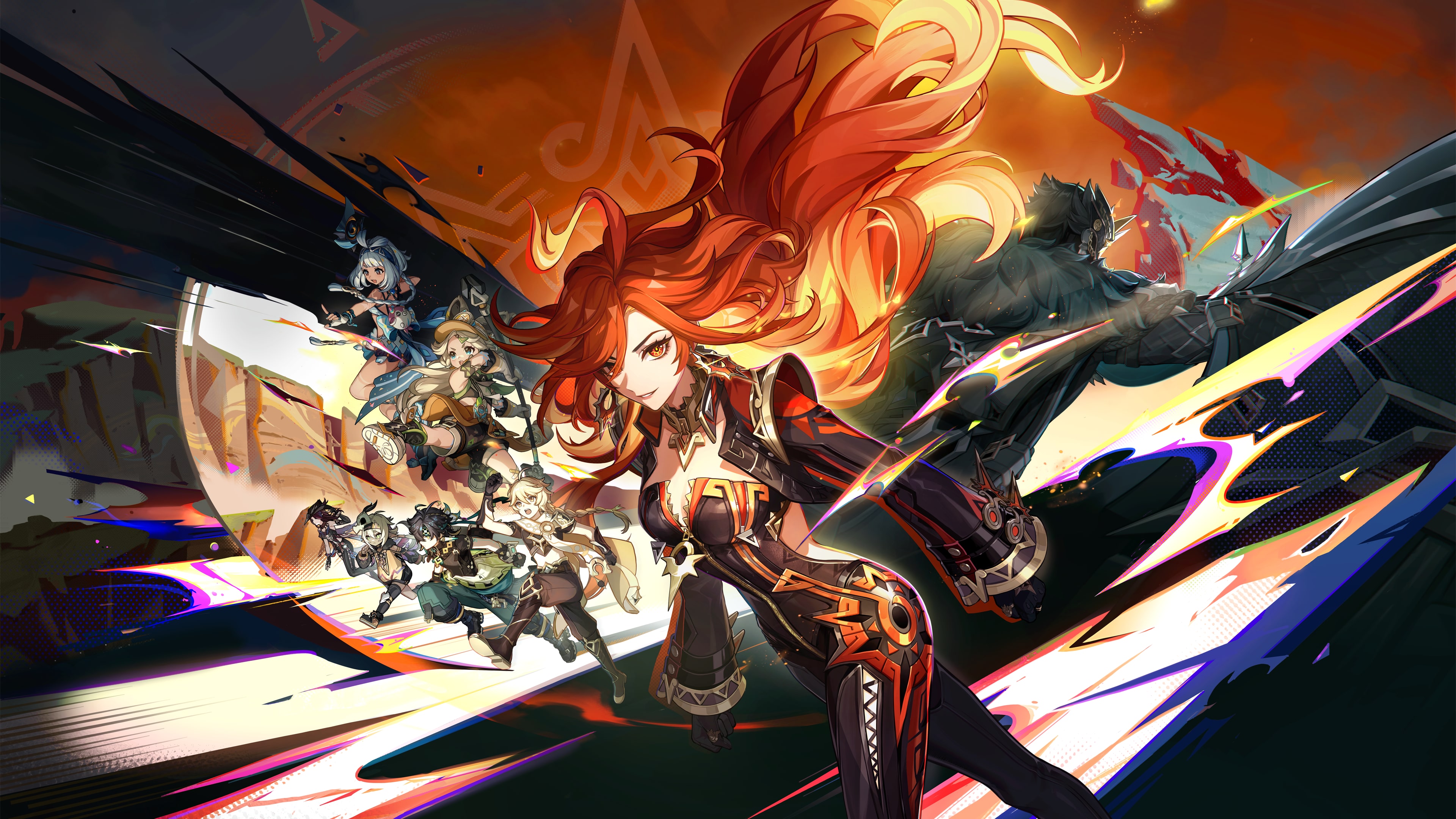 A close-up portrait of Mavuika from Genshin Impact, featuring her iconic fiery aesthetic and commanding expression.