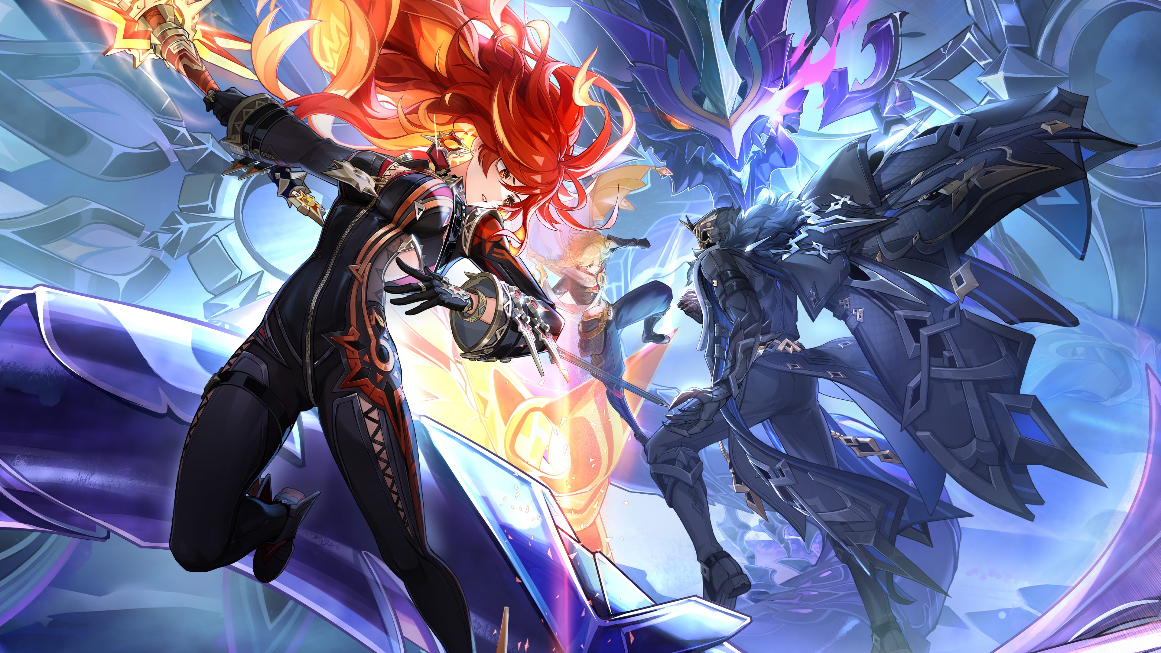 A detailed close-up of Mavuika from Genshin Impact featuring her iconic flame-themed design.