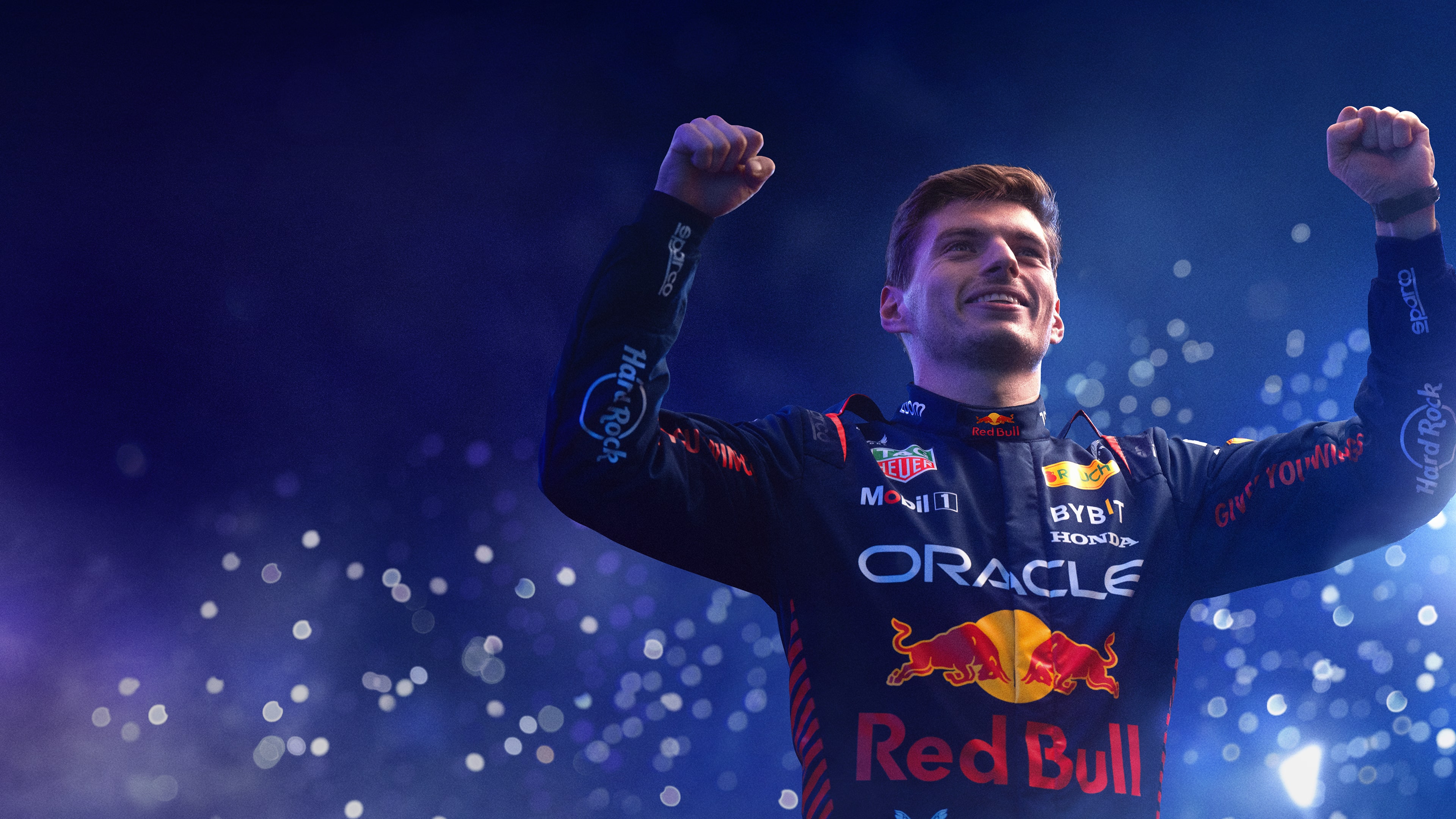 Max Verstappen, the 2023 Formula 1 World Champion, presented against a professional blue background.
