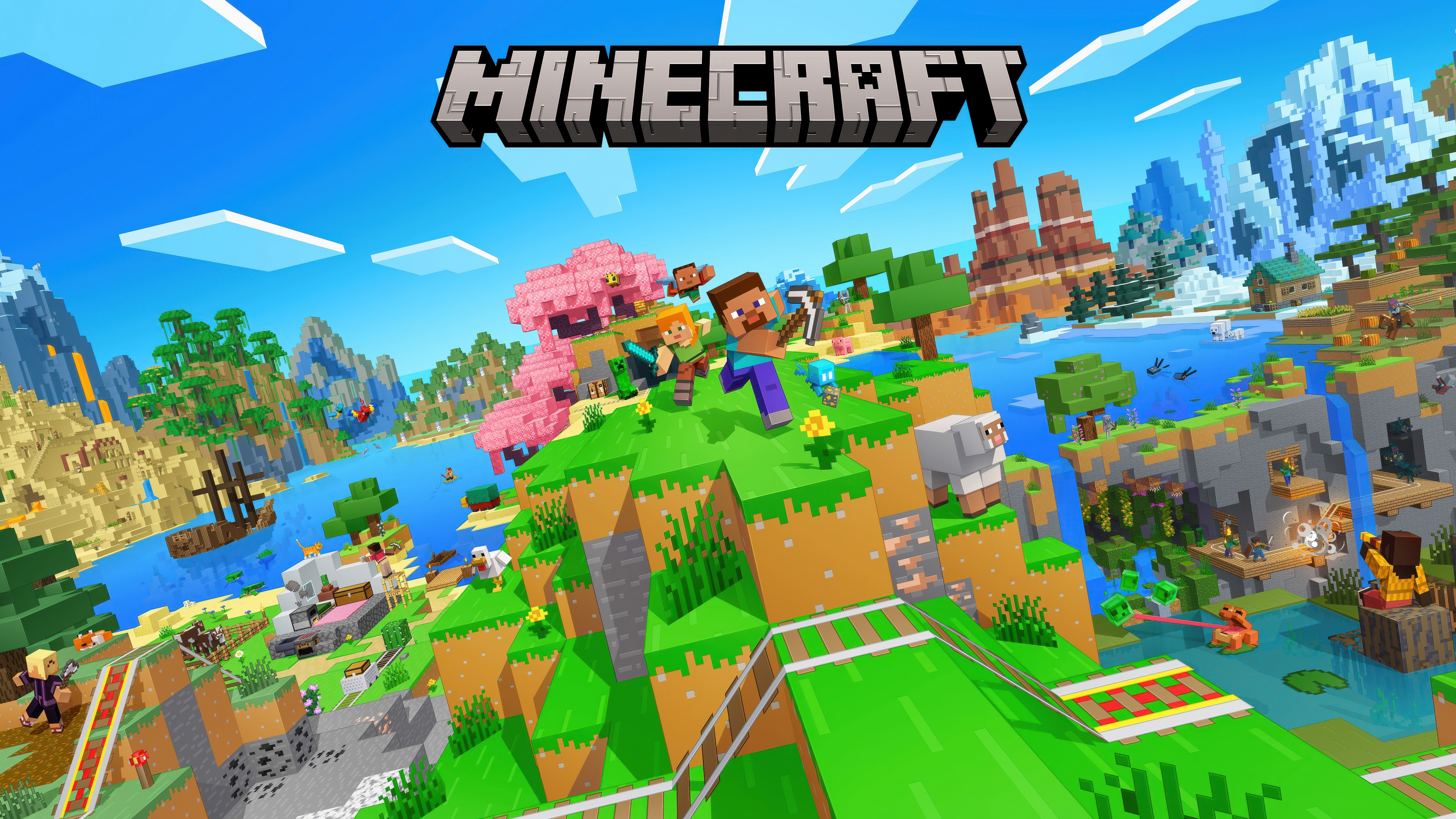 High-resolution 5K key art of Steve from Minecraft standing in a blocky landscape.
