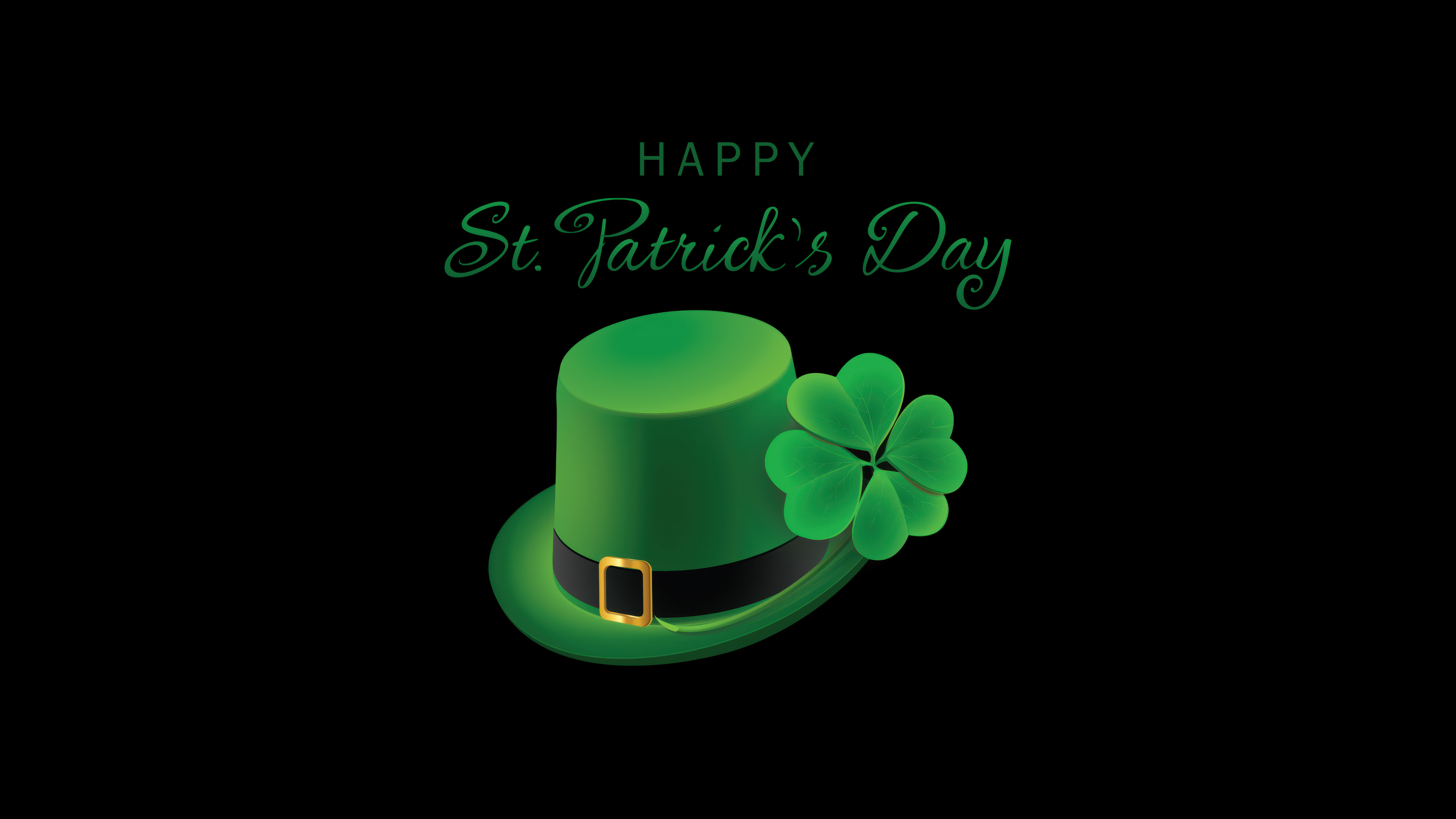 A minimalist St. Patrick's Day design featuring a green leprechaun hat and four-leaf clovers on a black background.