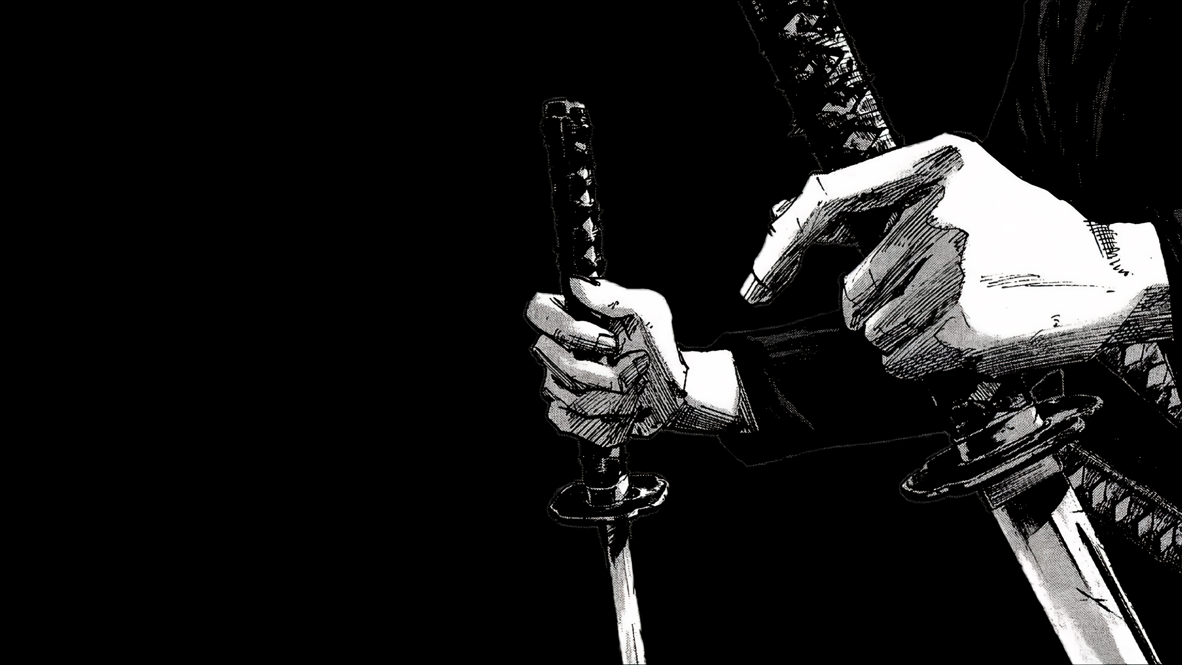 A dramatic portrait of the samurai Miyamoto Musashi from the Vagabond manga holding a katana against a solid black background.