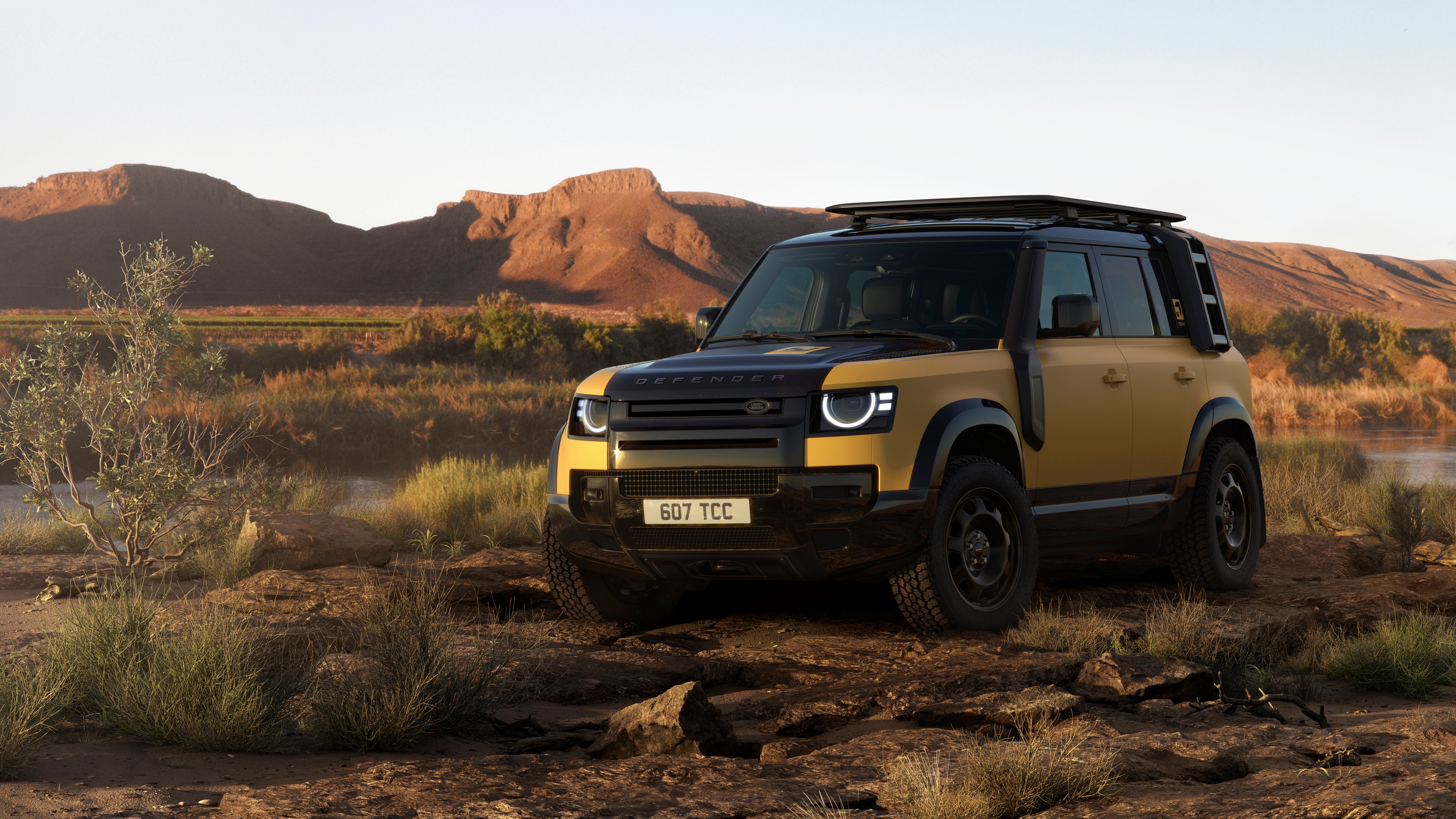 A highly detailed, 8K resolution close-up of a modern 2025 Land Rover Defender 110 showcasing its premium automotive design and rugged features.