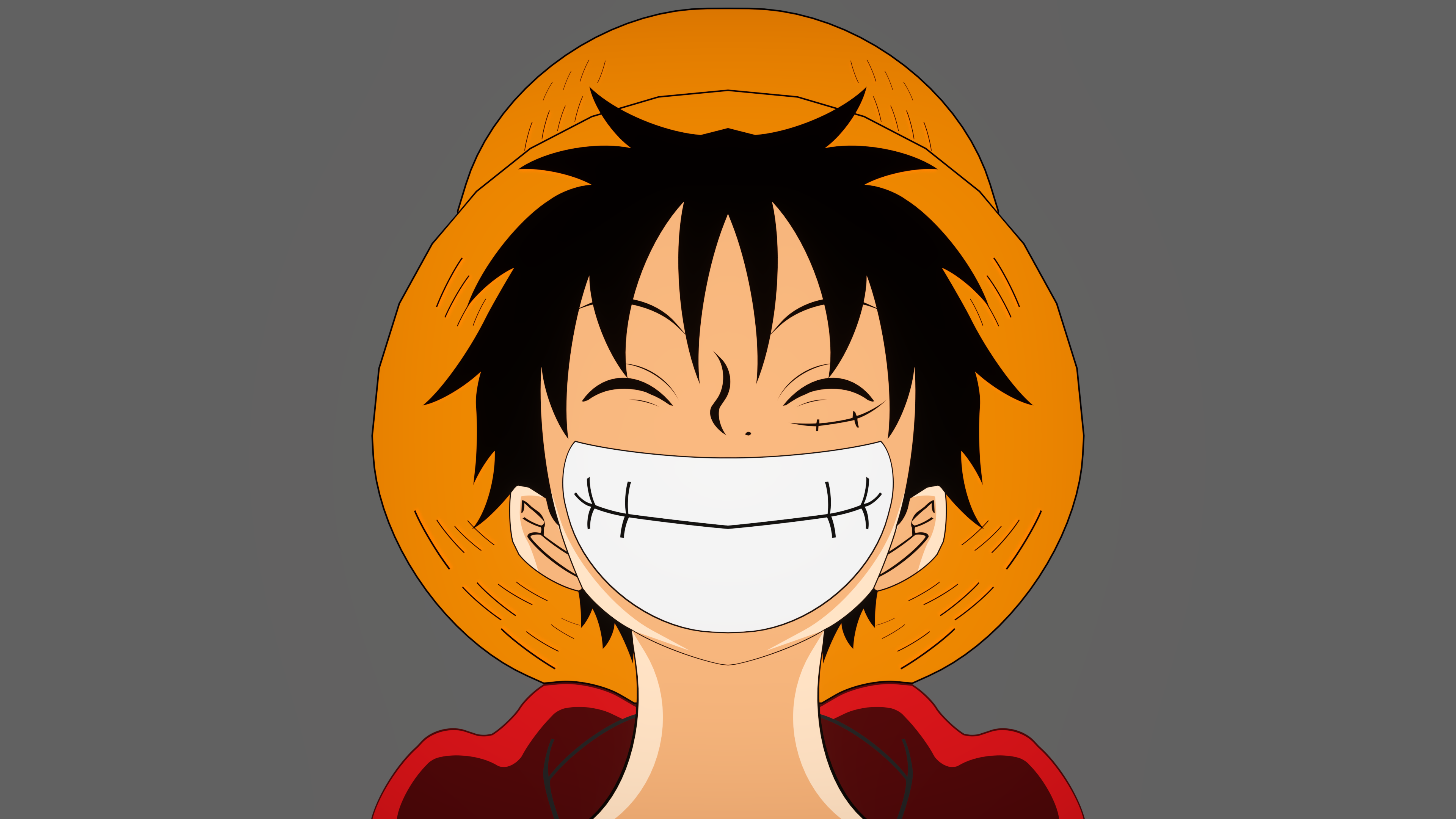 Monkey D. Luffy from One Piece laughing against a grey background.