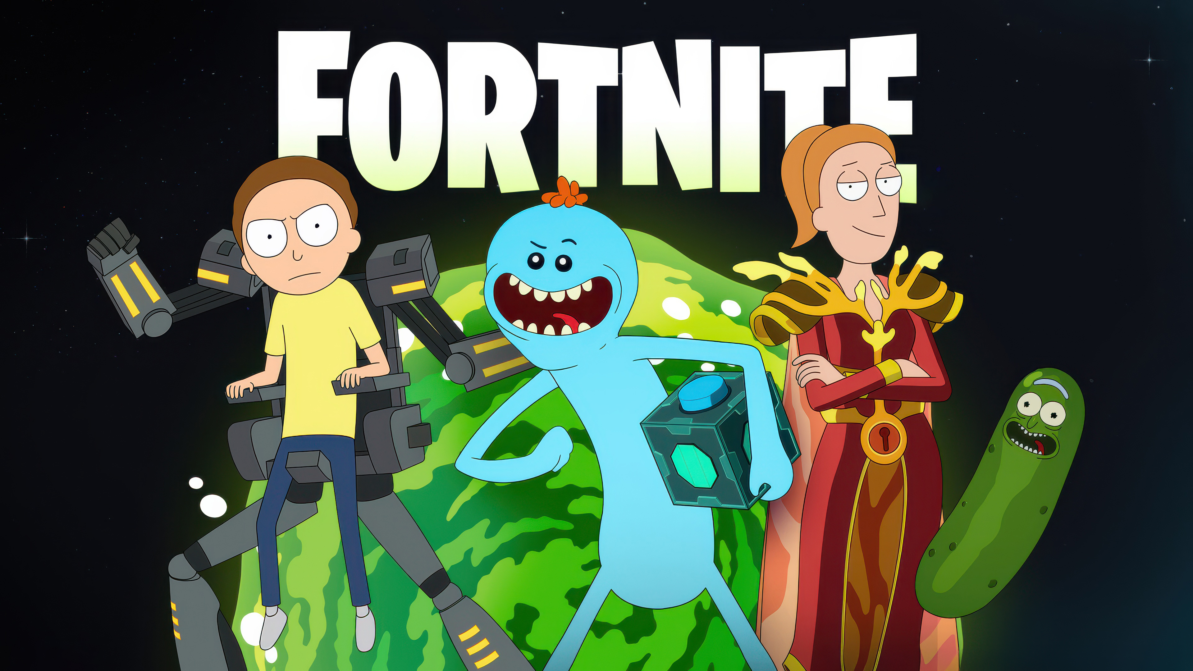 Morty Smith and Mr. Meeseeks from Rick and Morty rendered in the colorful, high-definition art style of Fortnite.