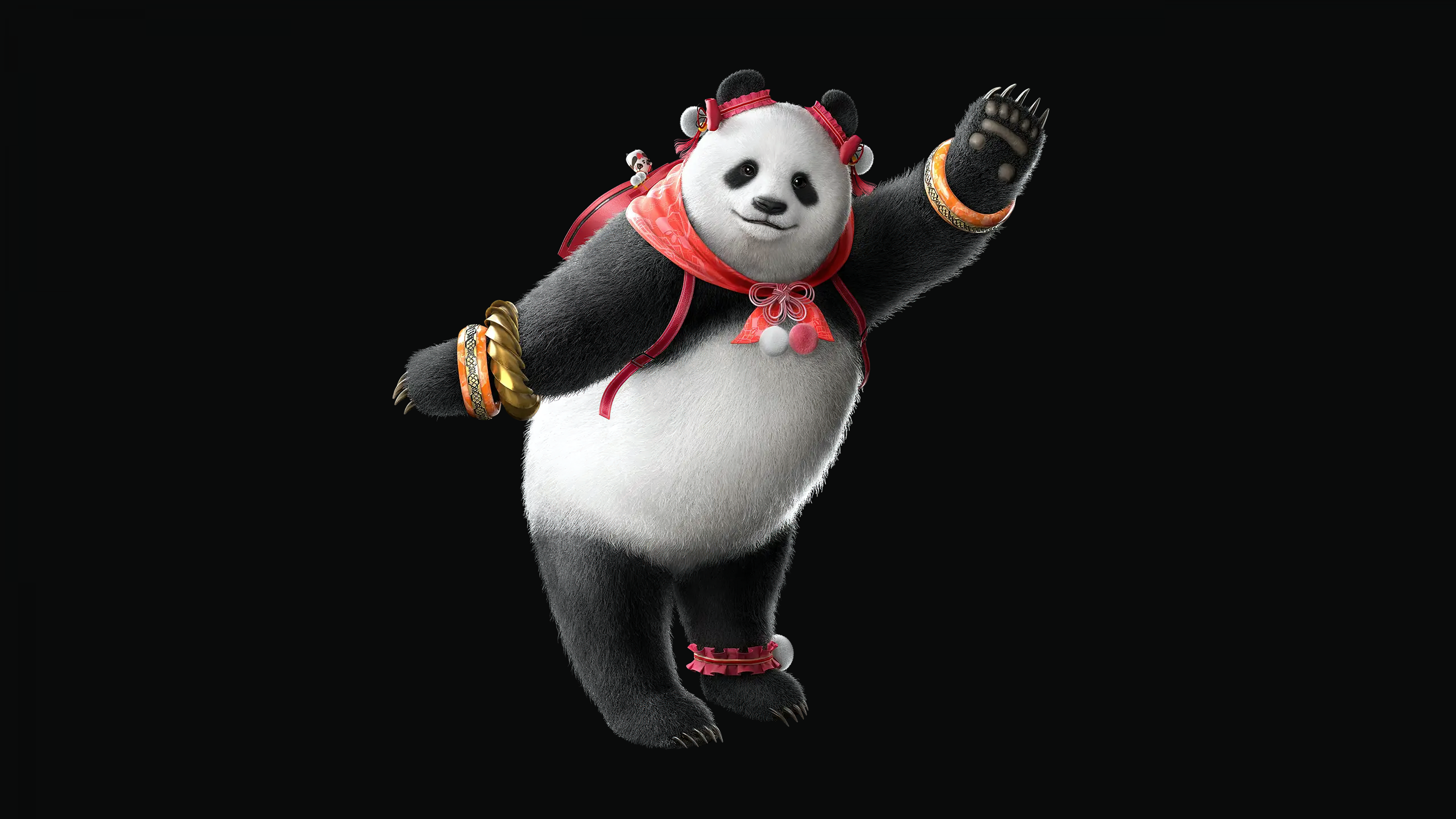 A cinematic, high-resolution close-up of Panda from the video game Tekken 8 on a dark black background.
