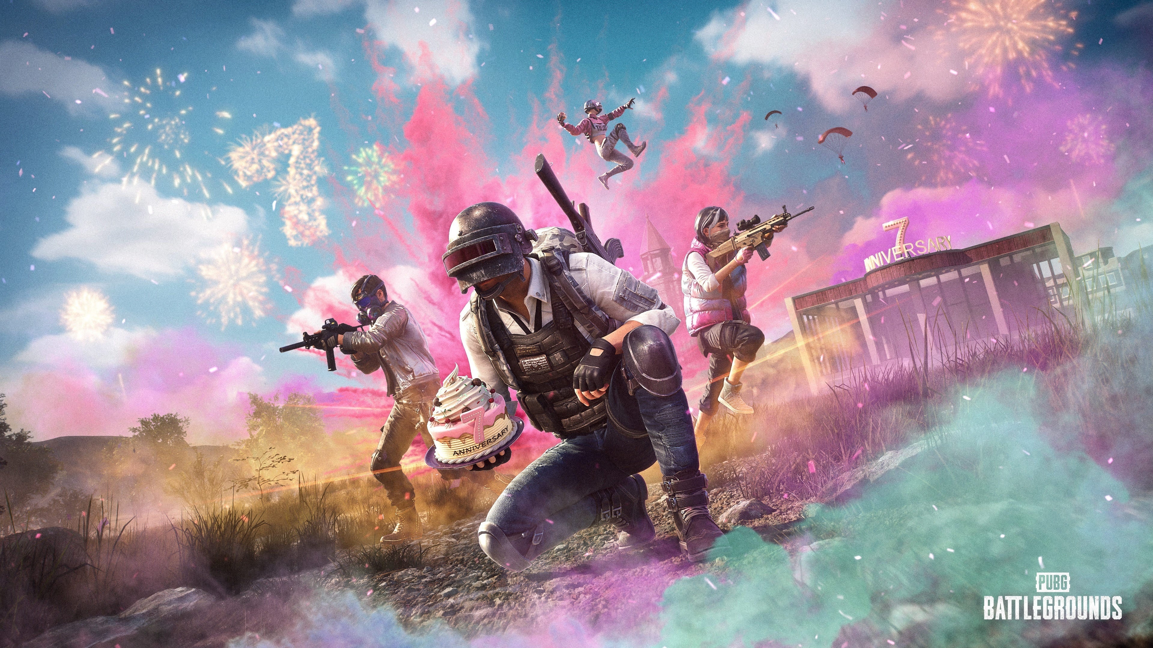 A tactical soldier in PUBG combat gear celebrating the game's anniversary in a cinematic setting.