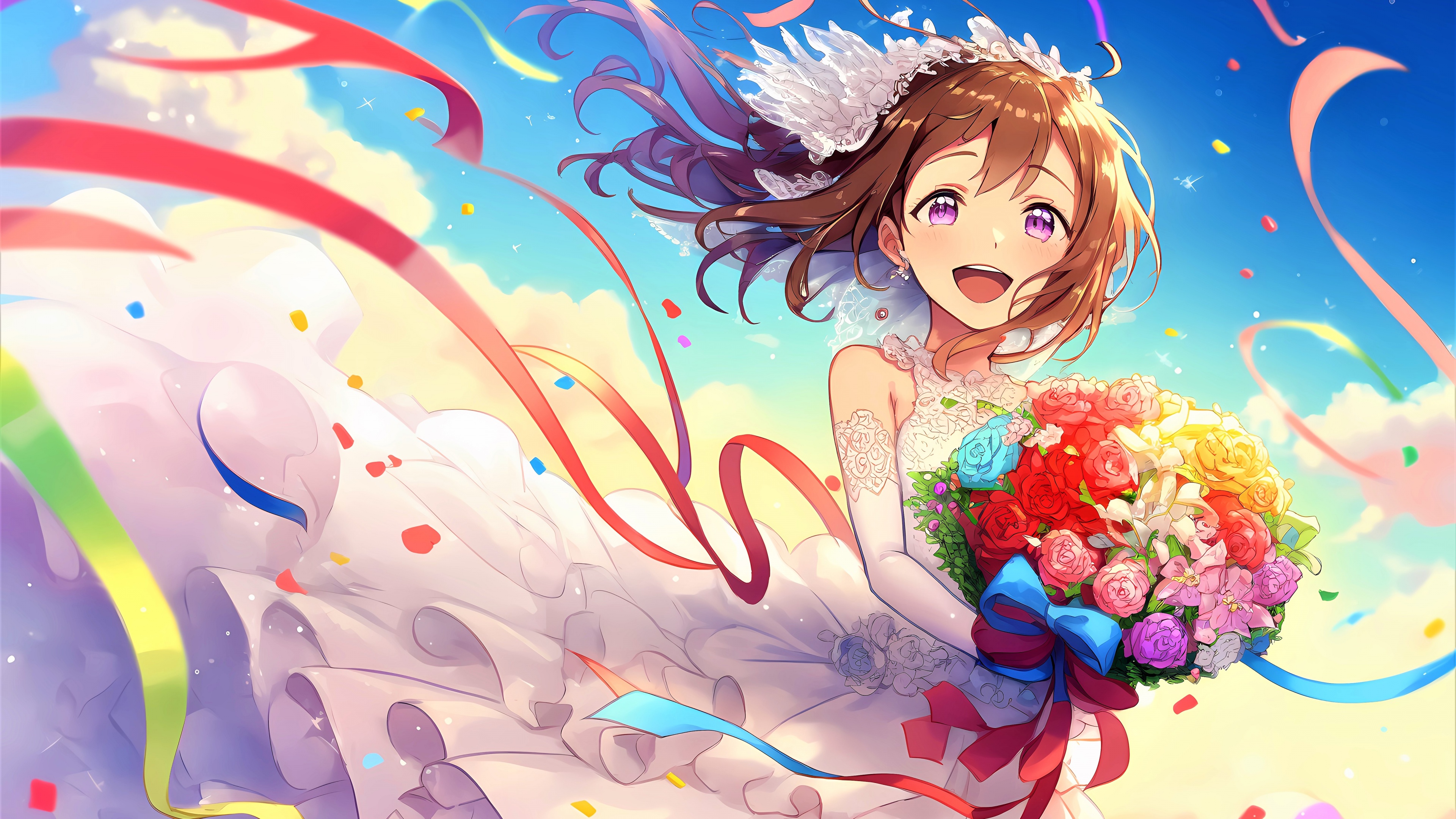 A happy anime bride holding a large, colorful bouquet of flowers in a vibrant, colorful setting.