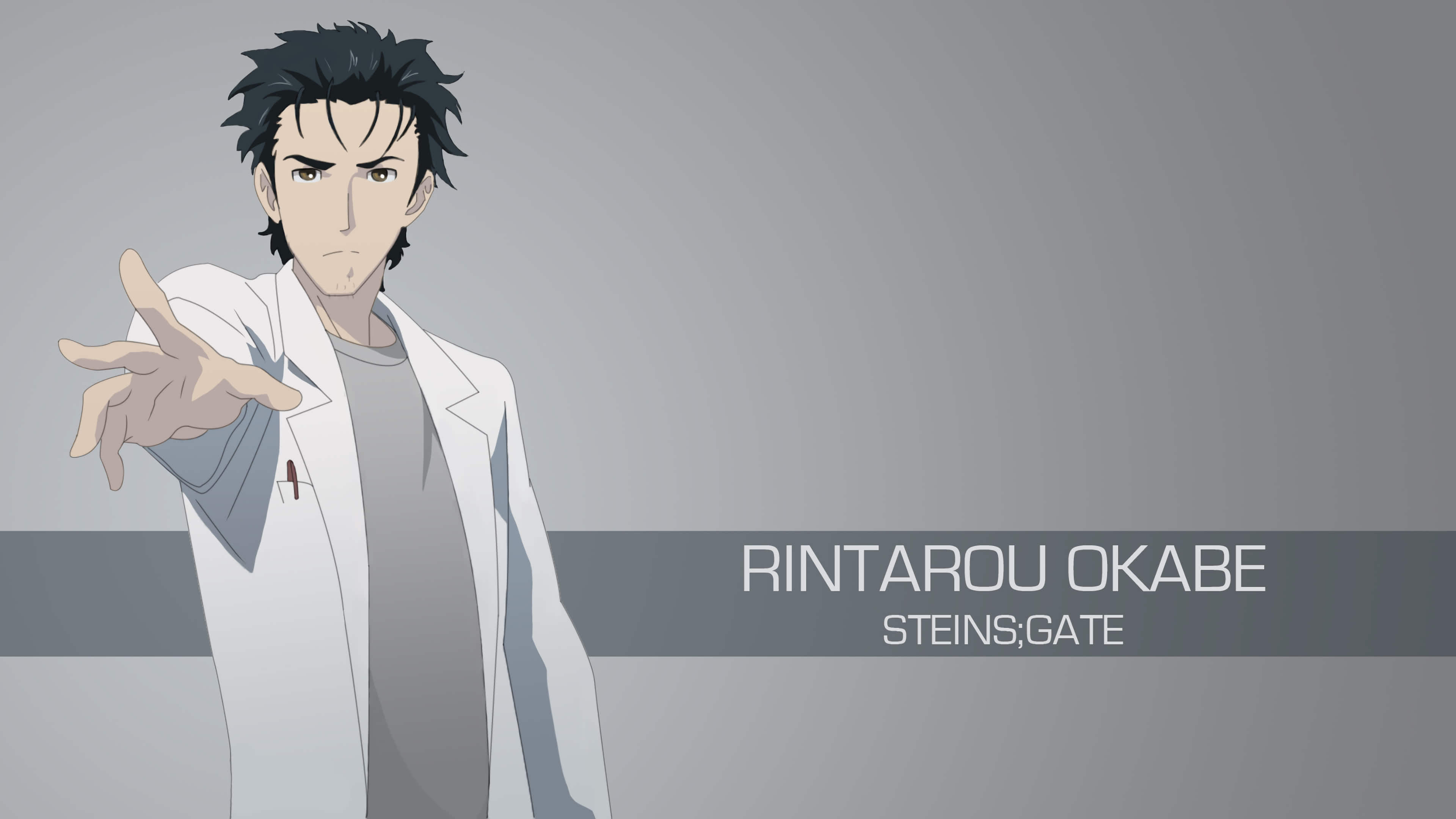 Rintaro Okabe from Steins;Gate looking intensely forward wearing a white lab coat.