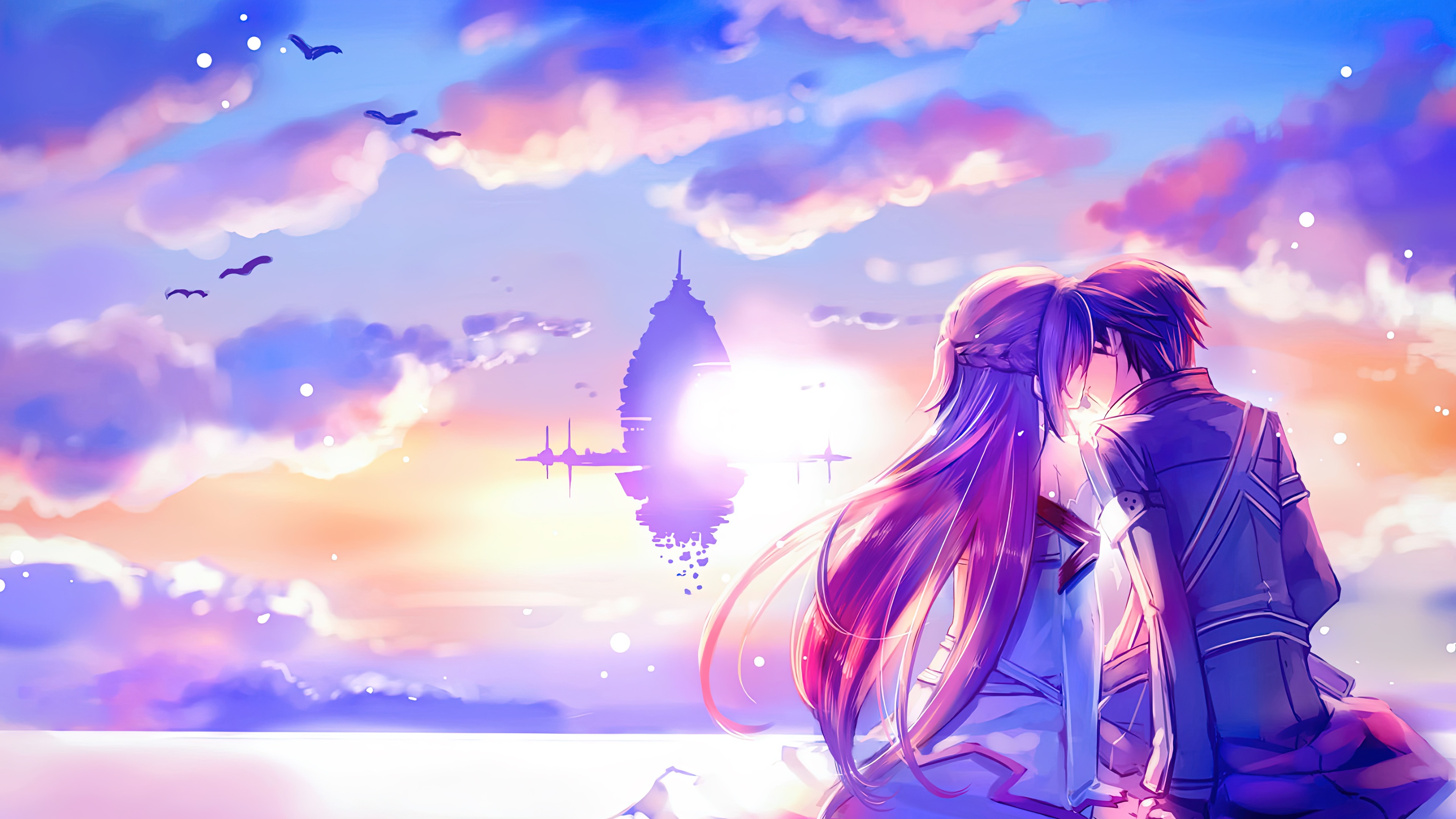Kirito and Asuna from Sword Art Online sharing a romantic kiss in an aesthetic anime style.