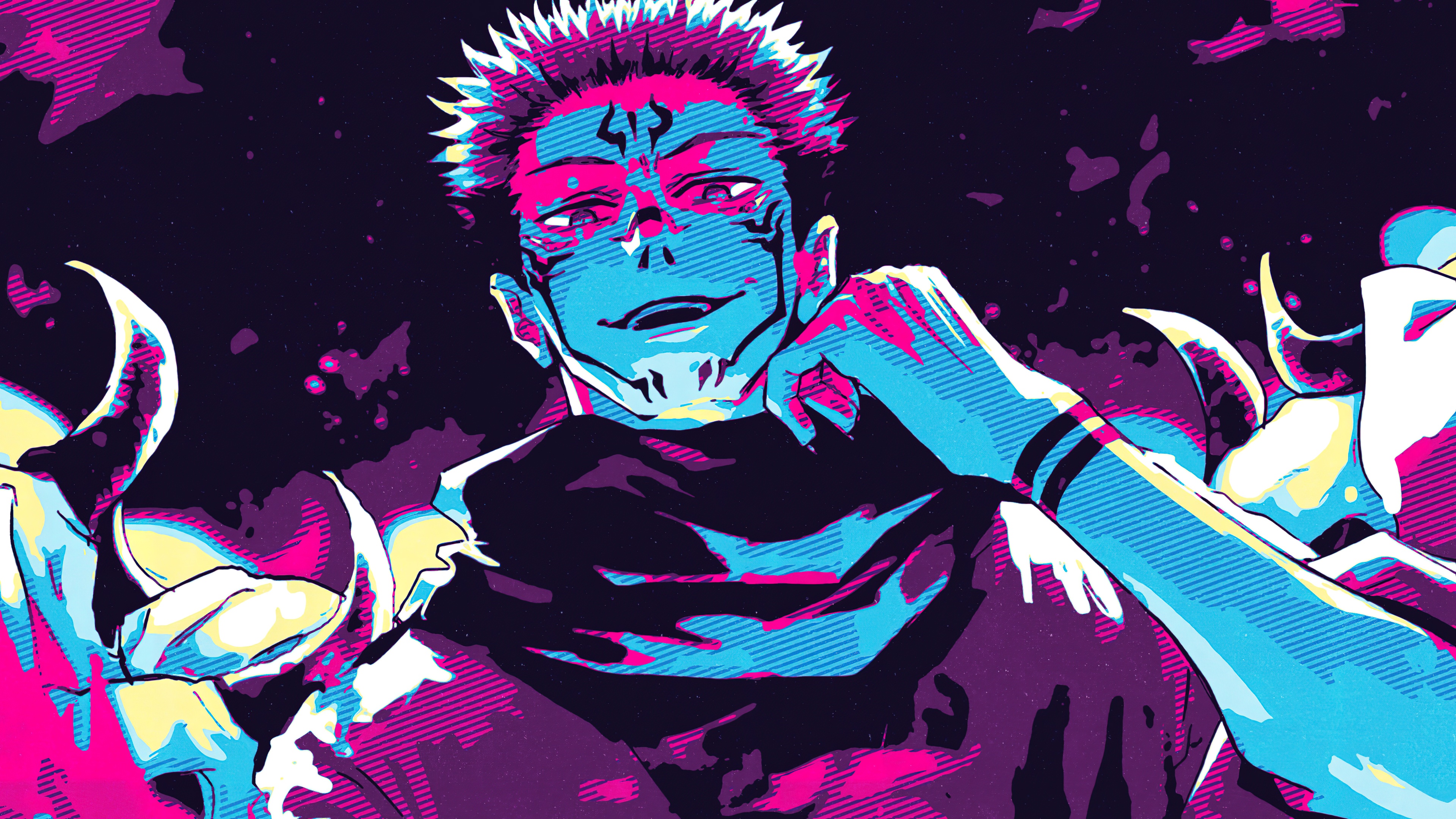 A detailed illustration of Ryomen Sukuna from Jujutsu Kaisen featuring his signature facial tattoos and intimidating expression.