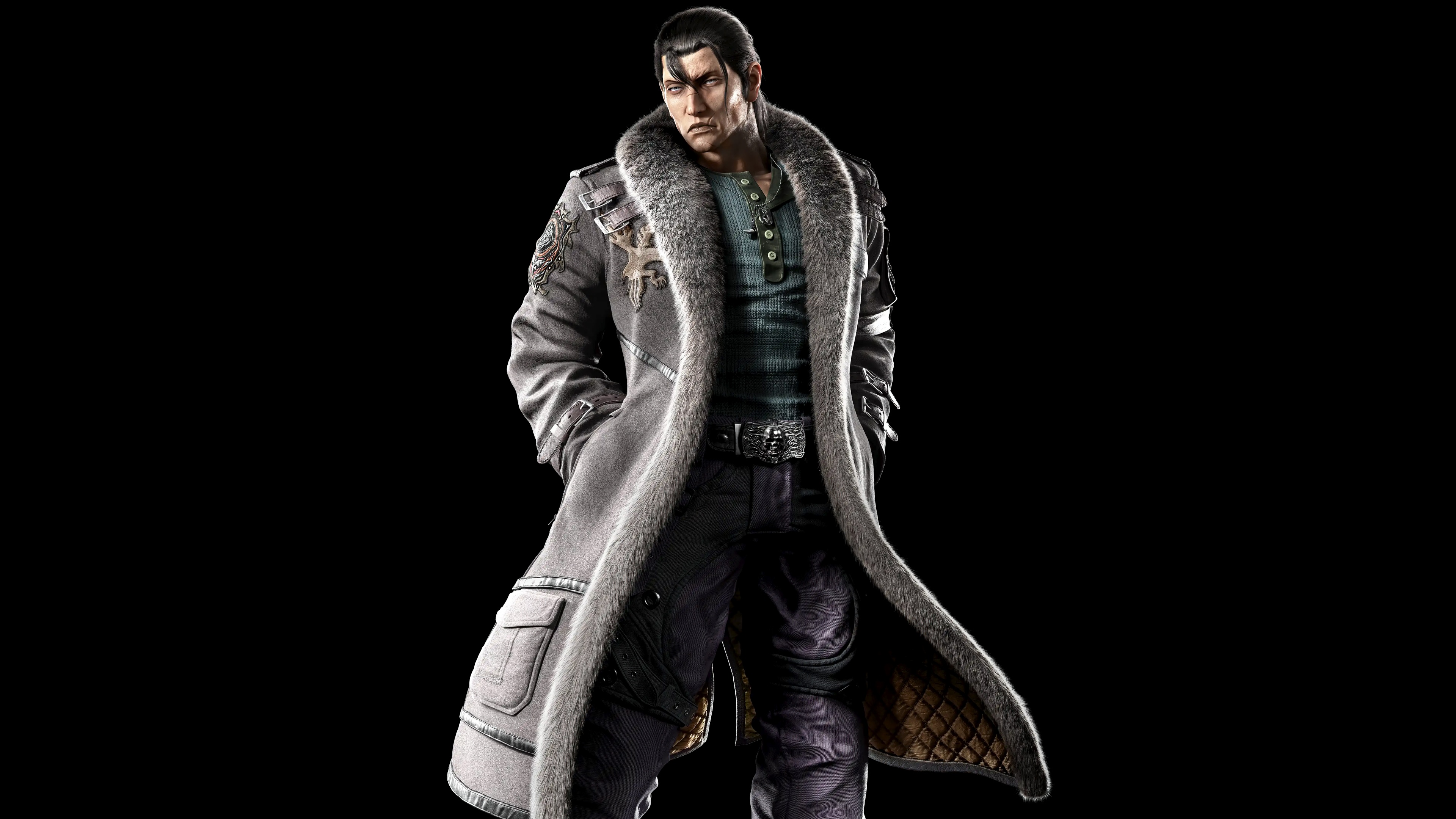 High-resolution 8K portrait of Sergei Dragunov from Tekken 8 on a black background