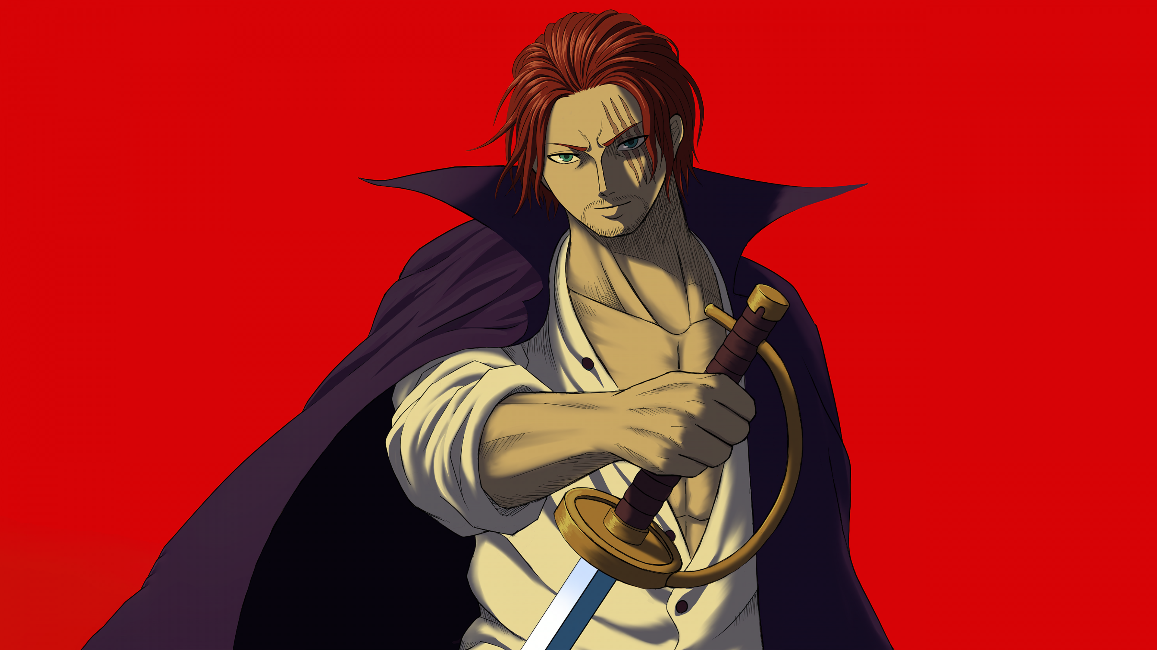 A powerful portrait of the character Shanks from One Piece against a vibrant red background.