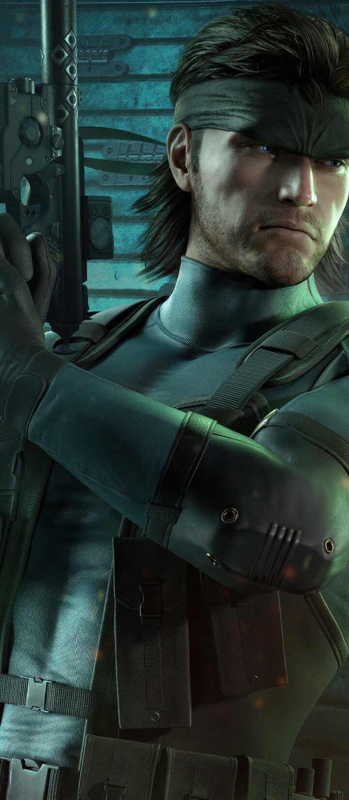 A high-detail, cinematic close-up of Solid Snake from Metal Gear Solid wearing advanced tactical combat equipment.