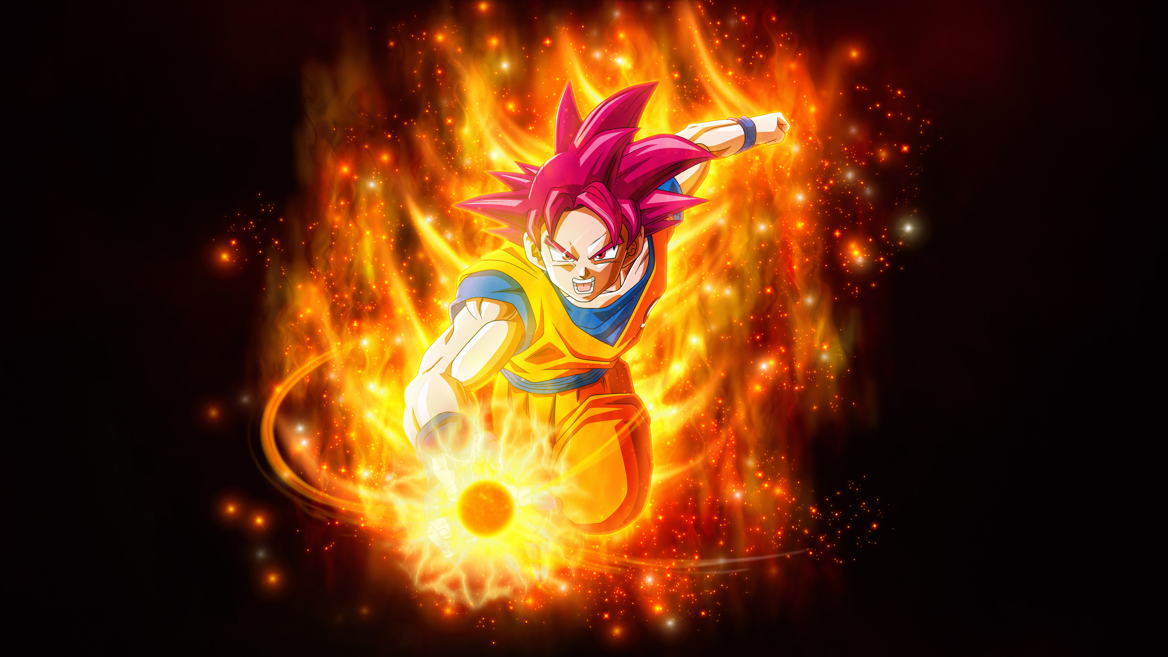 Son Goku in Super Saiyan God form with intense flames and a dark background from Dragon Ball Super.