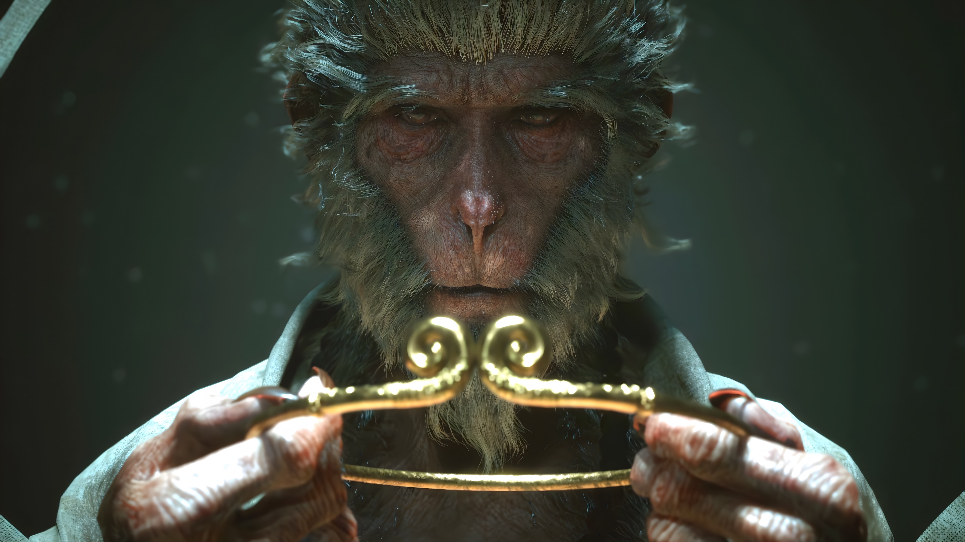 A cinematic close-up of the legendary Monkey King, Sun Wukong, from the video game Black Myth: Wukong.