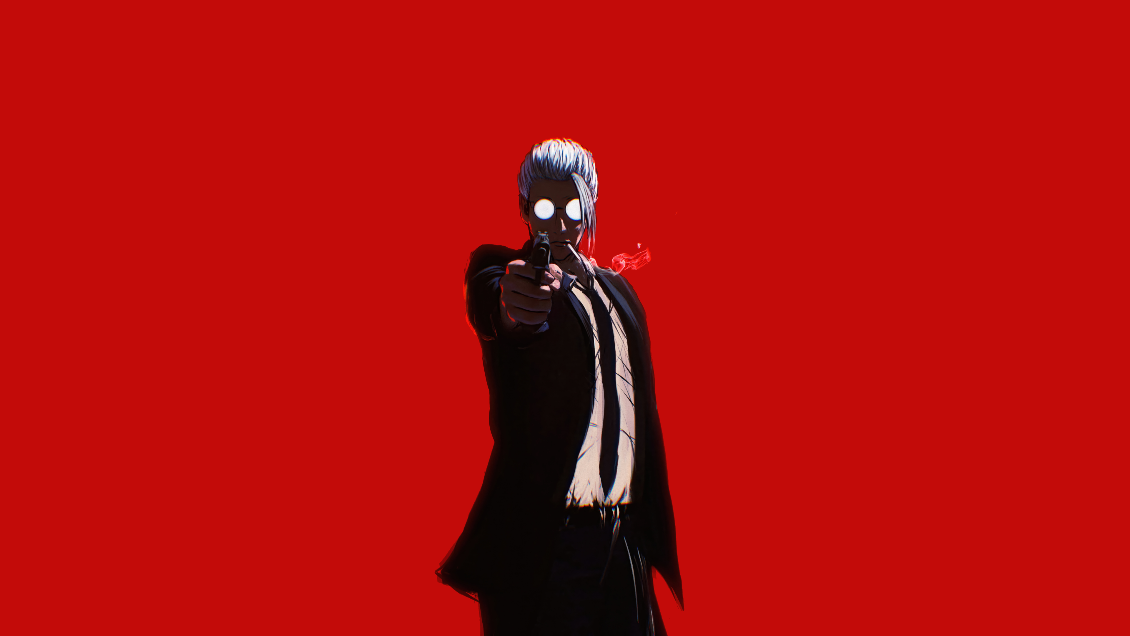 Taro Sakamoto from Sakamoto Days against a vibrant red background
