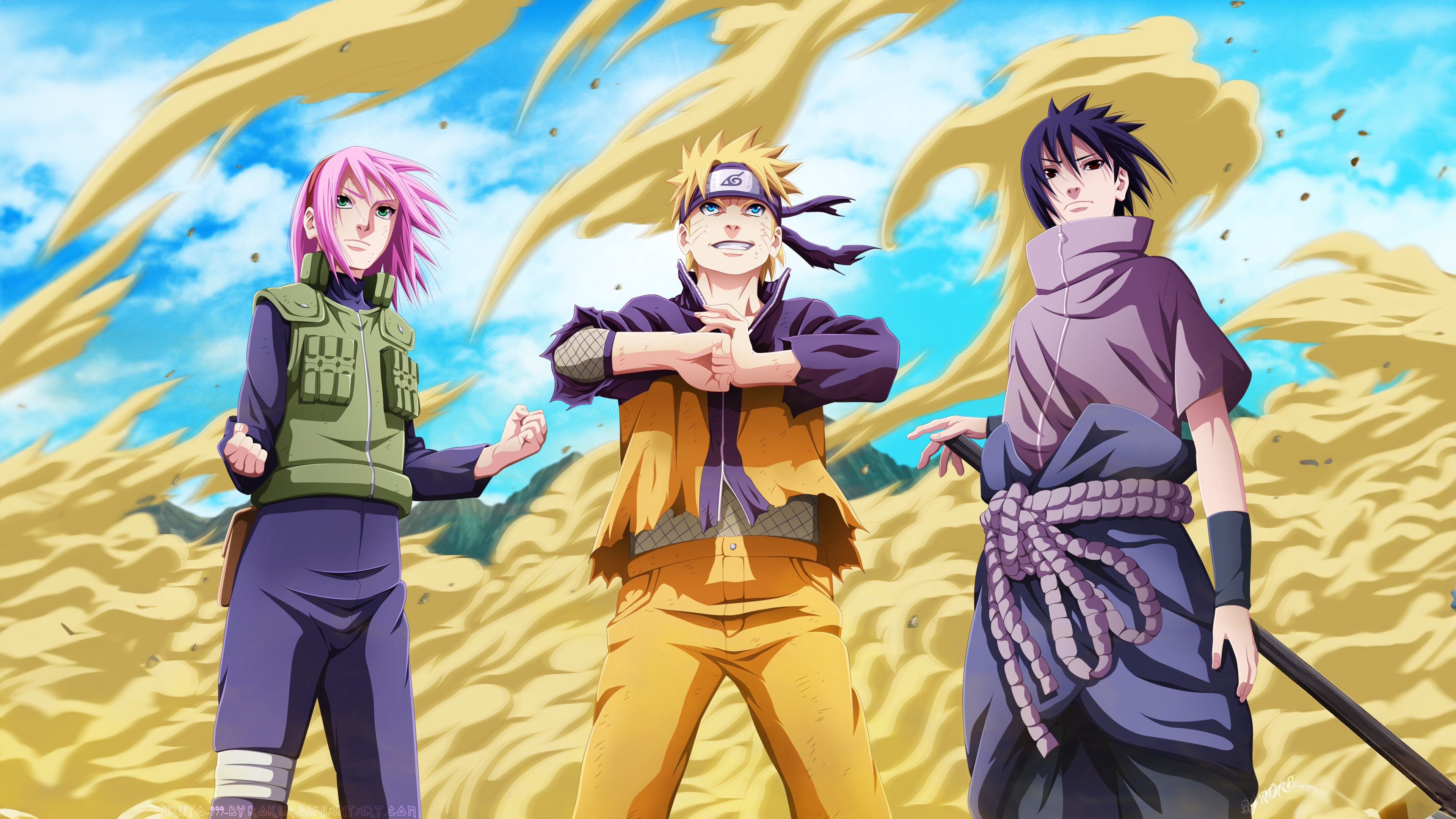Naruto Uzumaki, Sasuke Uchiha, and Sakura Haruno from the Naruto anime series