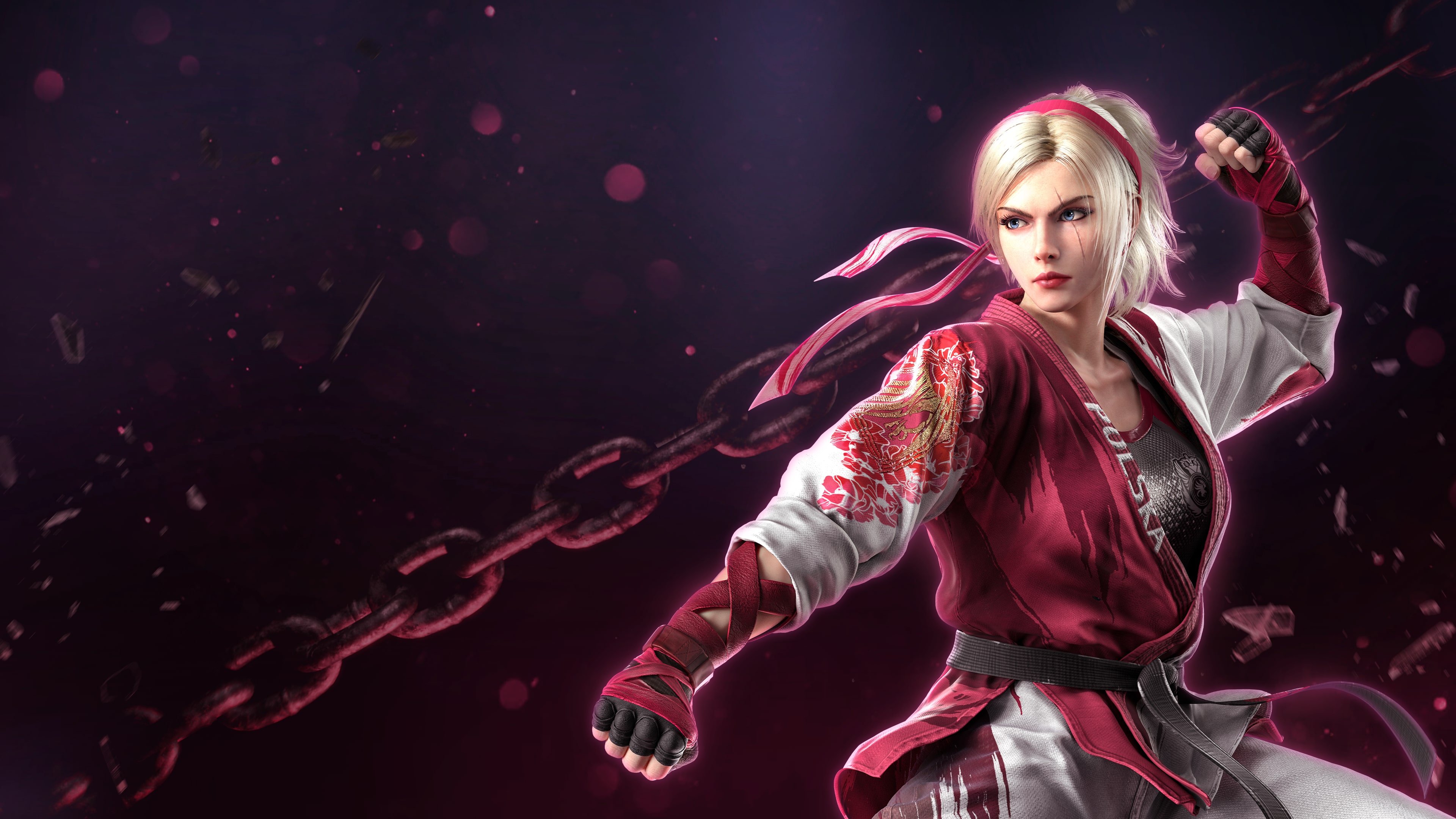 A female martial arts fighter in a combat-ready stance, inspired by the Tekken 8 aesthetic.