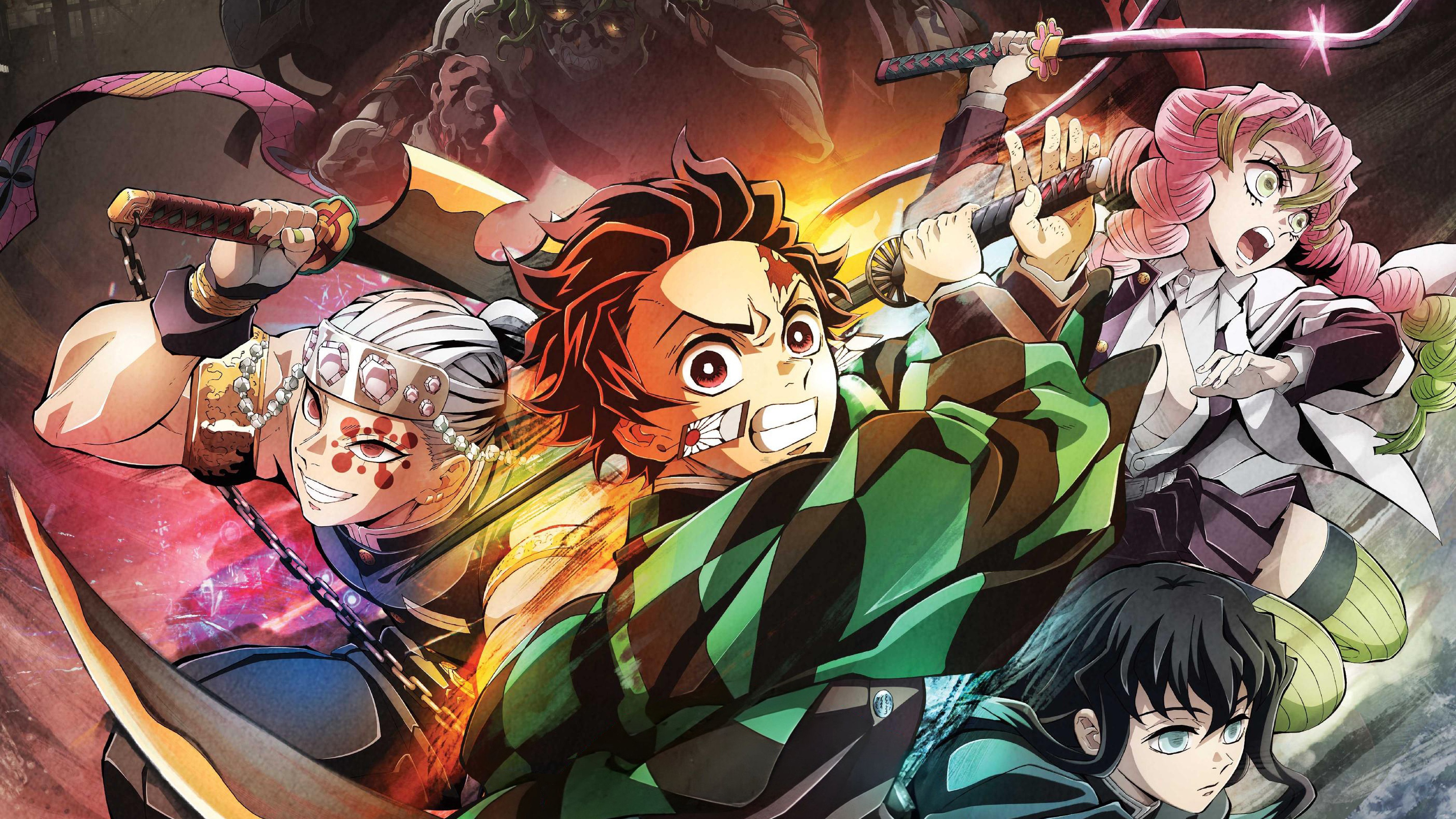 Tengen Uzui, Tanjiro Kamado, Mitsuri Kanroji, and Muichiro Tokito standing together from Demon Slayer: Kimetsu no Yaiba