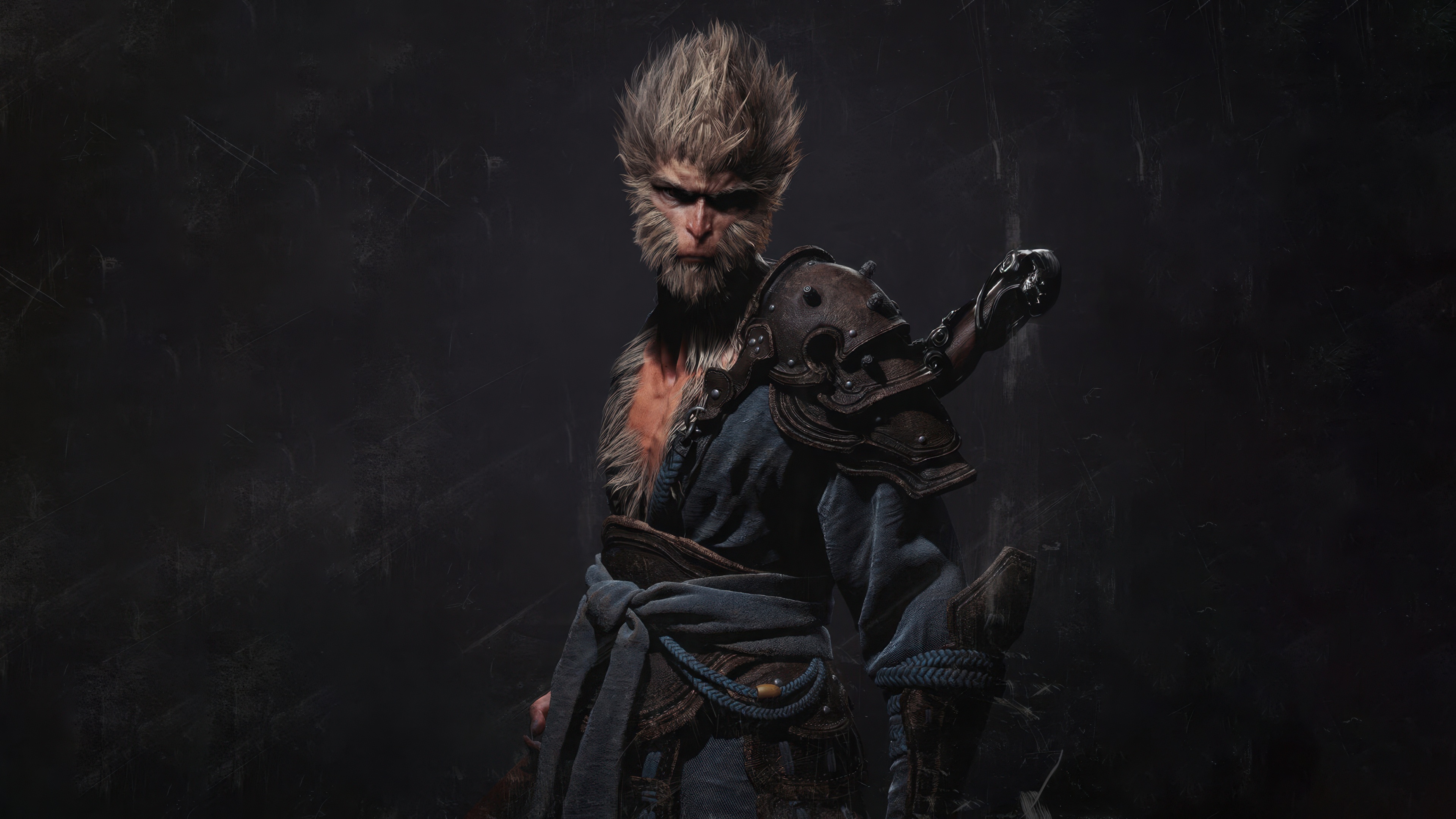 Cinematic portrait of The Destined One from the game Black Myth: Wukong against a dark, moody background.