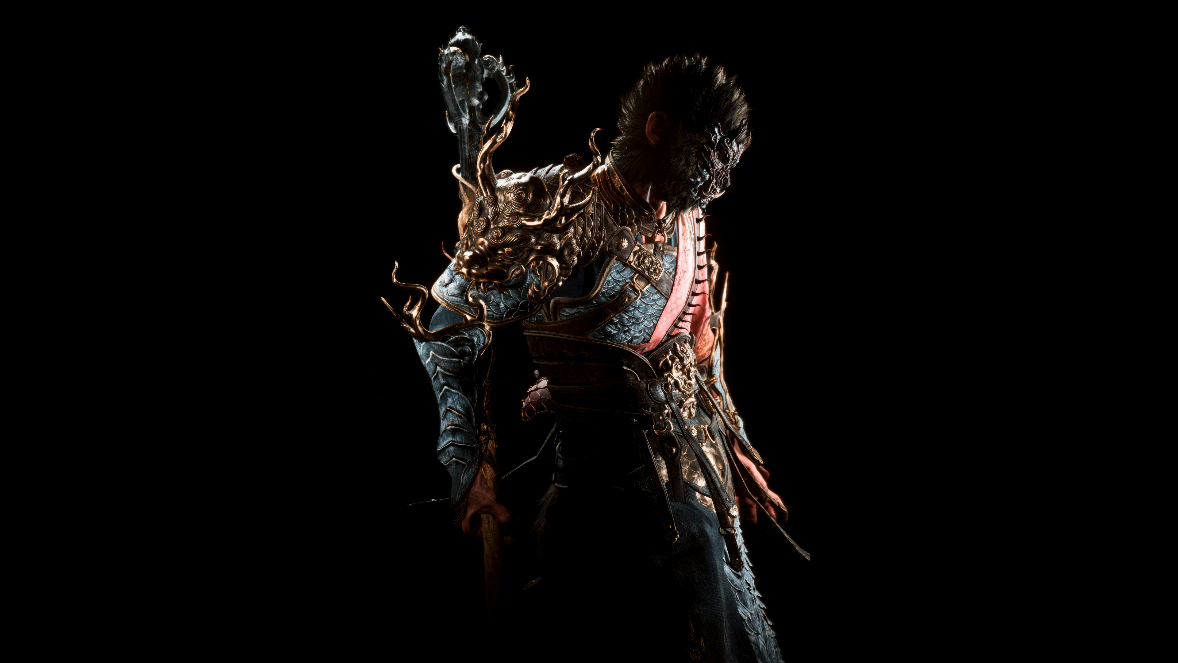 Detailed battle armor of The Destined One from the game Black Myth: Wukong against a solid black background.