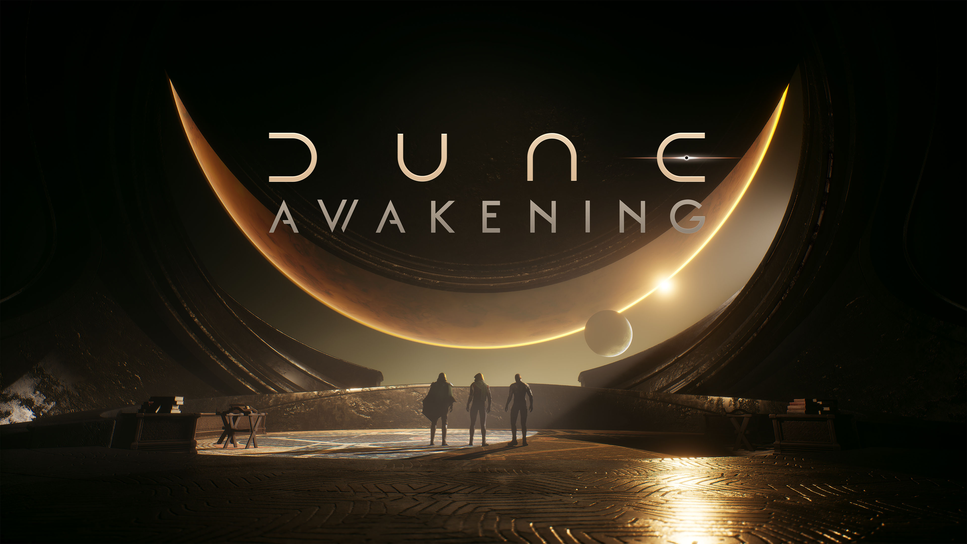 A lone traveler in a detailed Fremen-style stillsuit standing atop a massive sand dune in the world of Dune: Awakening.